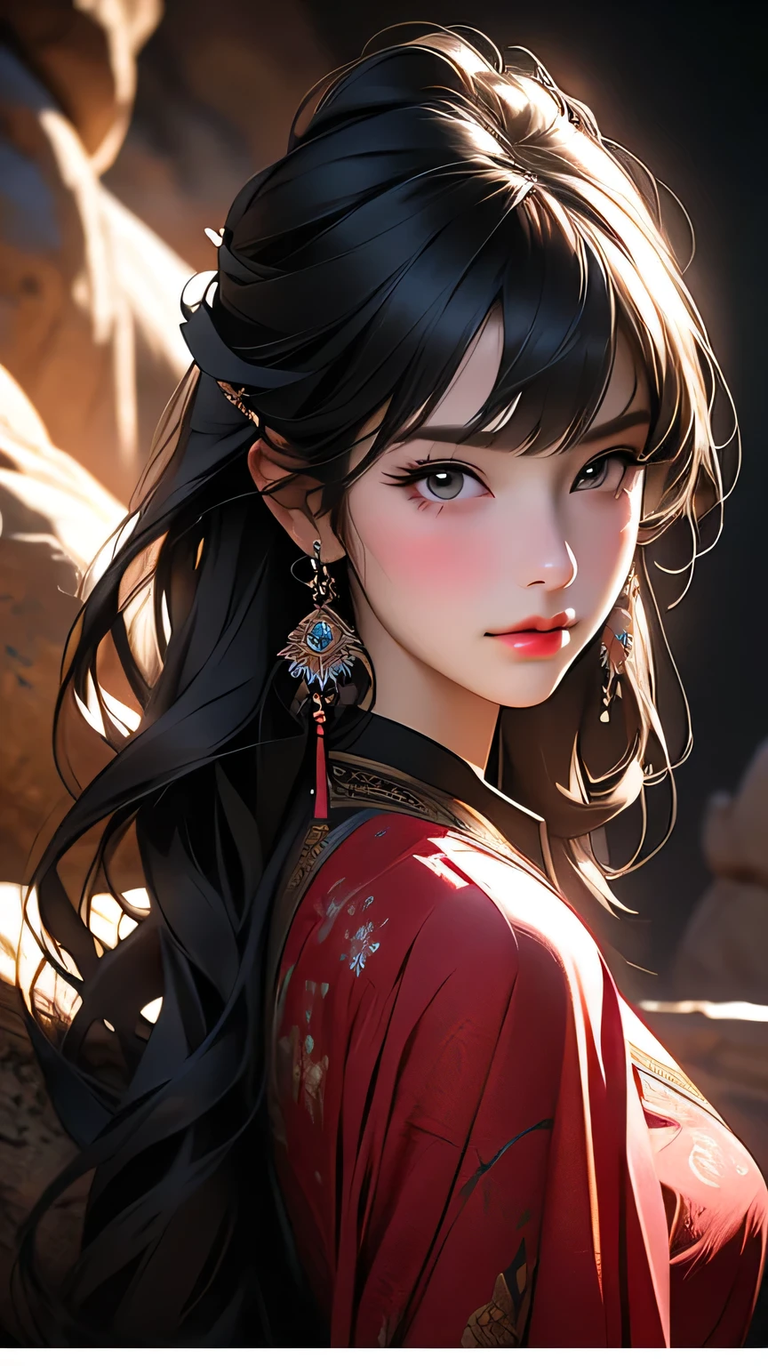 最high quality, (Realistic:1.2), One girl, alone, Detailed face, Face Focus, Are standing, Black Hair,(hair ornaments:1.35),office lady, Sleeves edged with ribbon, Removable sleeves, Ribbon trim, Wide sleeves, (View Viewer:1.5) Long Hair, Iris, bangs, lips, Detailed face、Detailed eyes、Detailed long eyelashes、Detailed lips、 (Upper body portrait)、masterpiece, 最high quality, high quality, High resolution, (In a dimly lit cave),