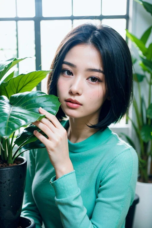 a boy black short hair 20 yo and a woman clean face beauty in cyan hijab 17 yo pnt monstera variegated in a pot in a greenhouse under bright sunlight (8K, best quality: 1.2), (masterpiece: 1.37), (high sharpness) Masterpiece, best quality, (highly detailed photo: 1.1 ),((best quality)), ((masterpiece)), (detailed), perfect face