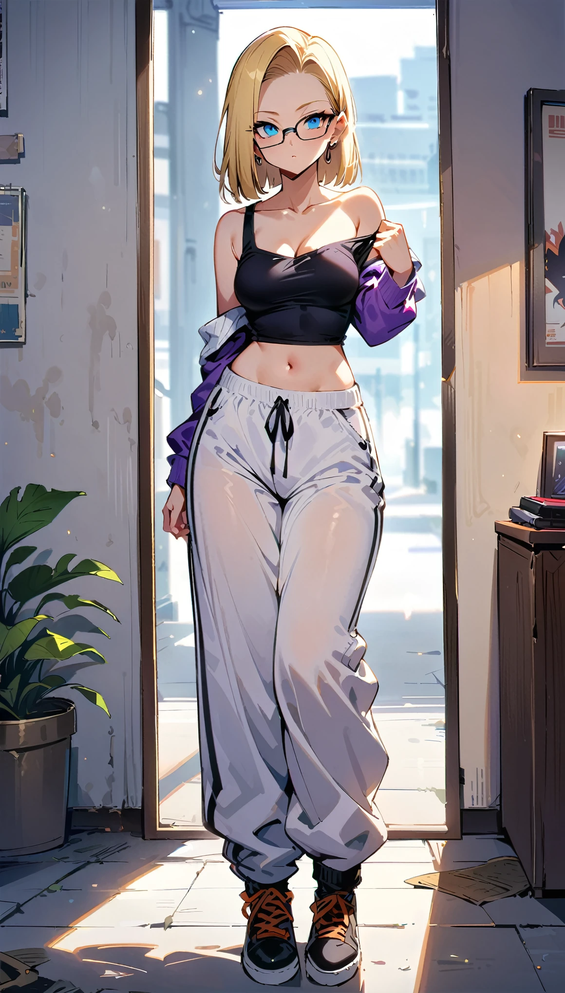 (masterpiece, best quality:1.2), full body shot, solo, Android 18 from Dragon Ball, Bodice, Street clothes, collarbone, cleavage, one-shoulder crop camisole, purple off-shoulders track jacket, midriff-baring, navel, white baggy pants, small breasts, short blonde hair loose, purple dye, purple tips, (blue eyes), (wearing glasses), earrings on earlobes, slender feminine figure, narrow waistline, skinny body, sunlight, standing in front of a white mirror, plain white wall, facing the camera, blur background, 4K