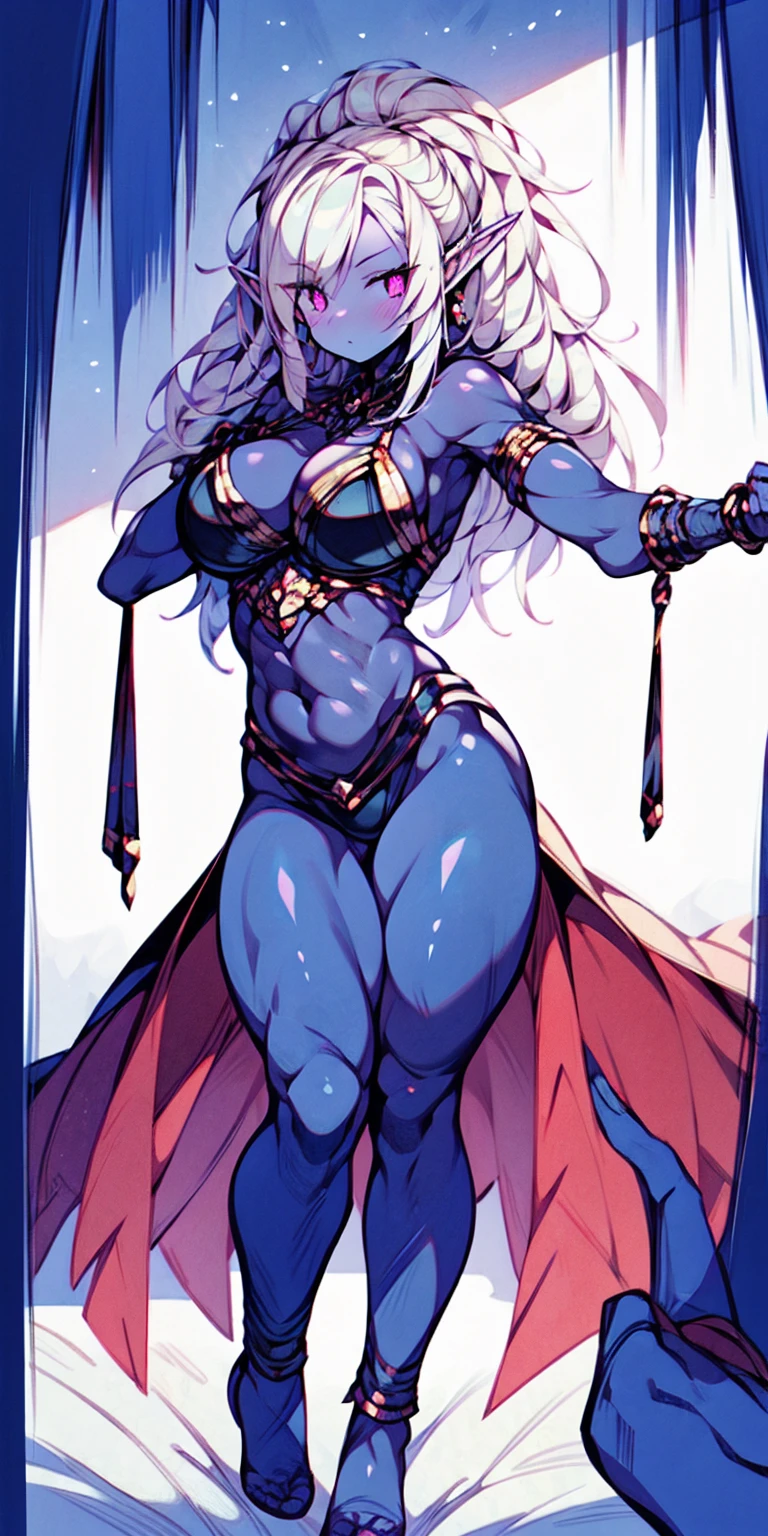 (masterpiece), (best quality), (ultra-detailed), line drawing, skindentation, (high resolution), (shackles on legs and arms inside bed), (high quality, best rendering), (8k), sharp focus, highres, 1girl, drow, purple colored skin, drow elf, pointy ears, full body, fetal positon on bed, (high quality:1.2), (high detail:1.2), (masterpiece:1.2), (extremely detailed:1.2)