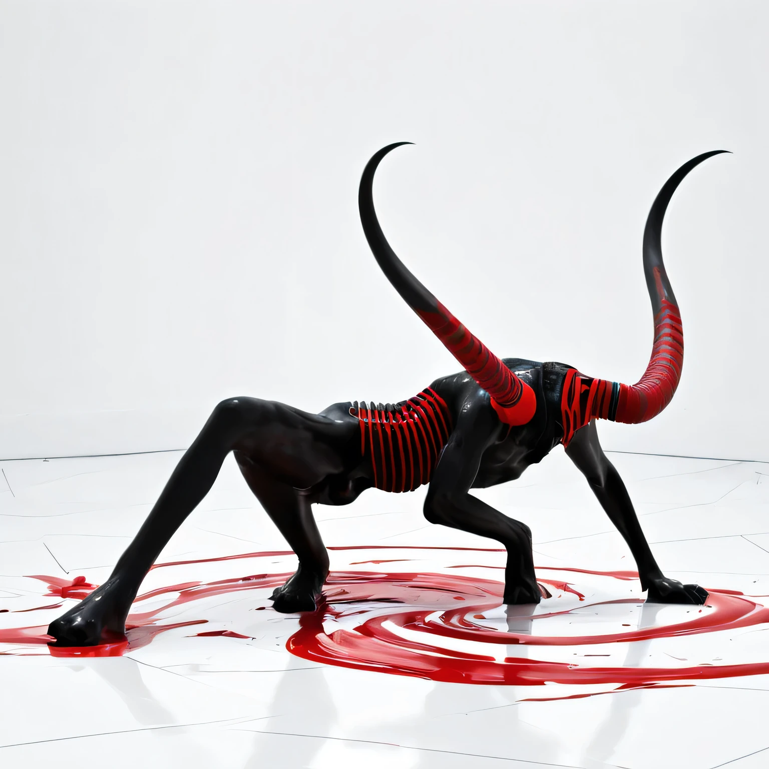 A strange and bizarre No arm and no leg disgusting being black with plastic texture with horns on a white background 3d In a distorted background and red paint on the floor running down and things decaying 3d plastic