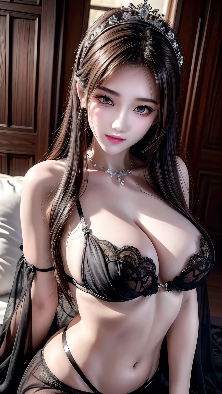 best quality, masterpiece, Big , (Large Breasts), Delicate skin texture, Detailed fabric texture, Delicate face, Super Detail, 8K, Intricate details, 1 Girl, 30 years old, High contrast, High resolution eyes, Brunette,Royal sister,Sexy