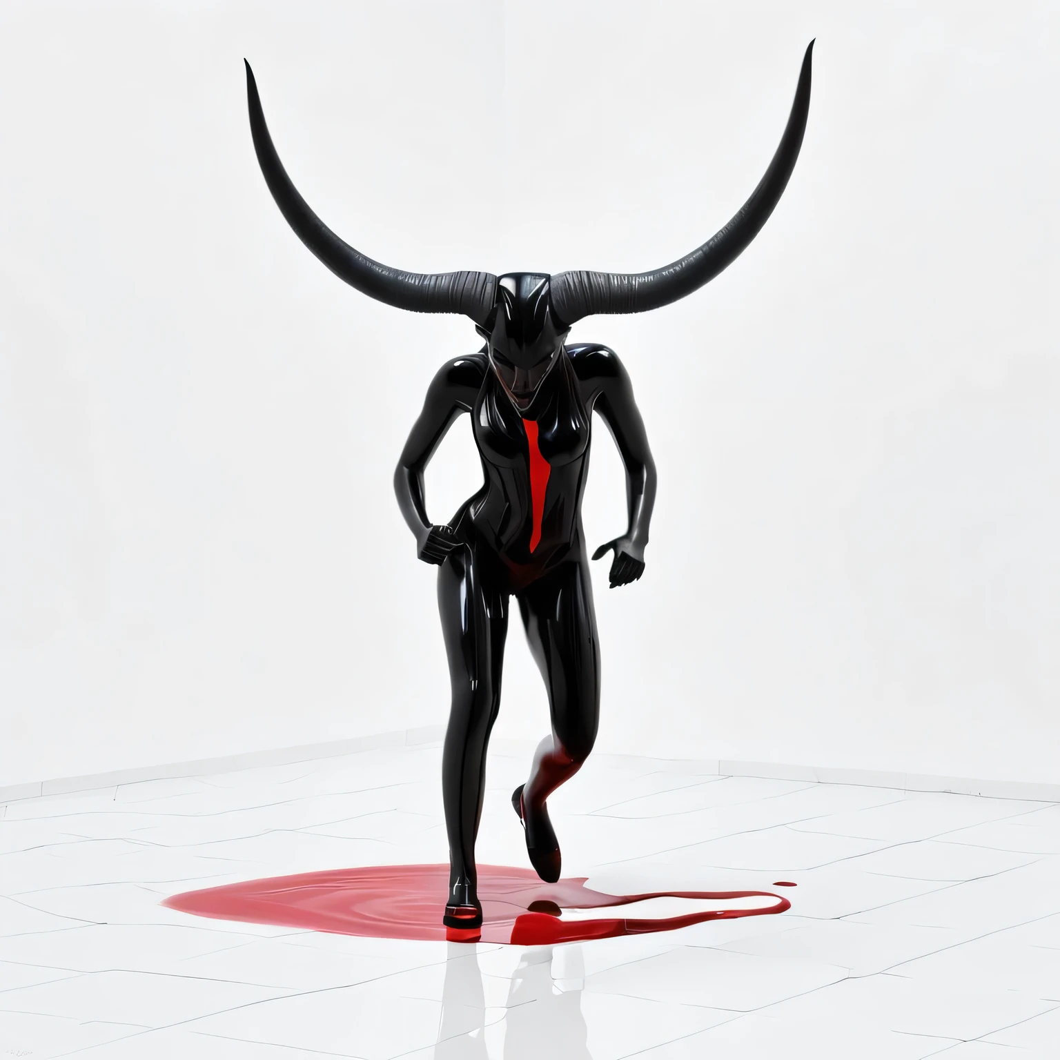 A strange and bizarre No arm and no leg disgusting being black with plastic texture with horns on a white background 3d In a distorted background and red paint on the floor running down and things decaying 3d plastic