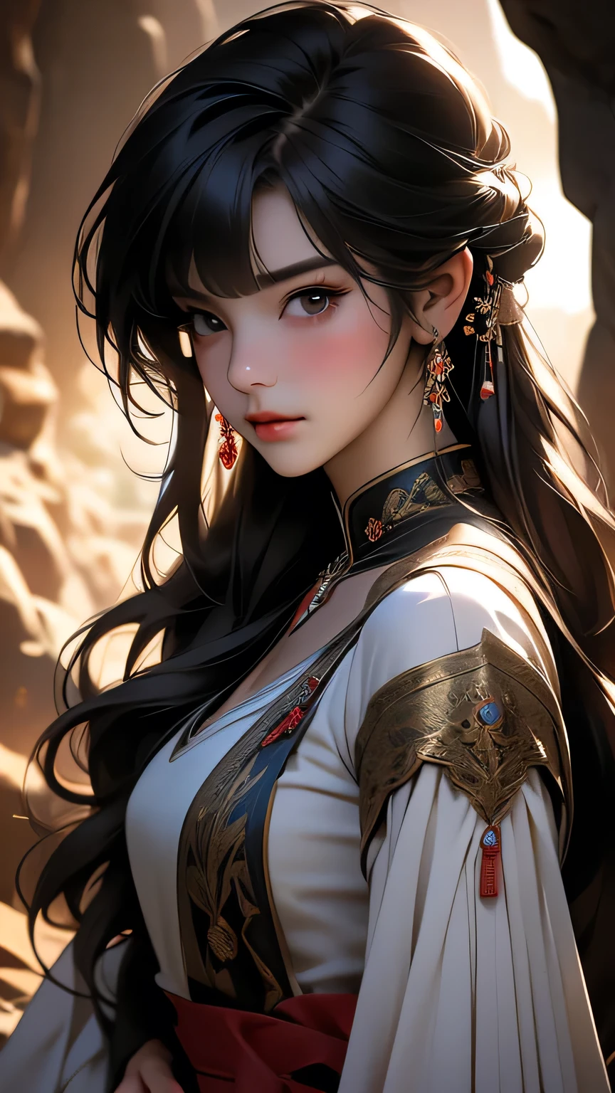 最high quality, (Realistic:1.2), One girl, alone, Detailed face, Face Focus, Are standing, Black Hair,(hair ornaments:1.35),office lady, Sleeves edged with ribbon, Removable sleeves, Ribbon trim, Wide sleeves, (View Viewer:1.5) Long Hair, Iris, bangs, lips, Detailed face、Detailed eyes、Detailed long eyelashes、Detailed lips、 (Upper body portrait)、masterpiece, 最high quality, high quality, High resolution, (In a dimly lit cave),