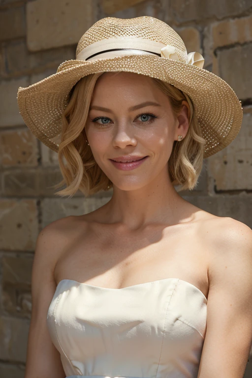Elizabeth Banks wearing a hat dressed in a large dress with a large neckline smiling