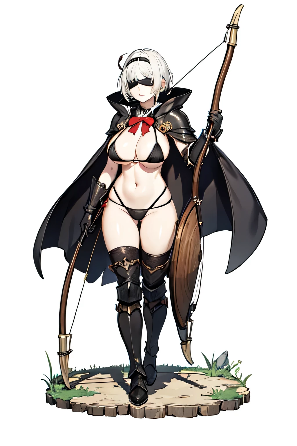 High quality, short white hair, gigantic breasts (F size), hunter woman, black bikini armor, metal boots, metal gloves, alone woman, full body. Wood Bow. cape. blindfold. archery. quiver