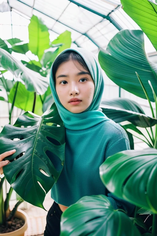 a woman clean face beauty in cyan hijab 17 yo plant monstera variegated in a pot in a greenhouse under bright sunlight (8K, best quality: 1.2), (masterpiece: 1.37), (high sharpness) Masterpiece, best quality, (highly detailed photo: 1.1 ),((best quality)), ((masterpiece)), (detailed), perfect face