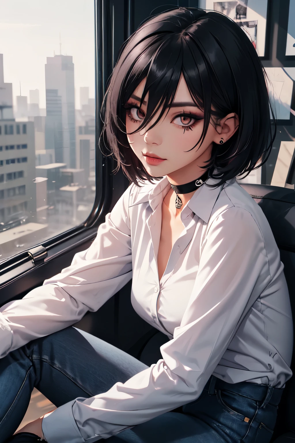 1girl, solo, face, looking at viewer, punk, black hair, short hair, hair between eyes, mascara, eyeliner, eyeshadow, tattoo, business shirt, jean pants, choker.