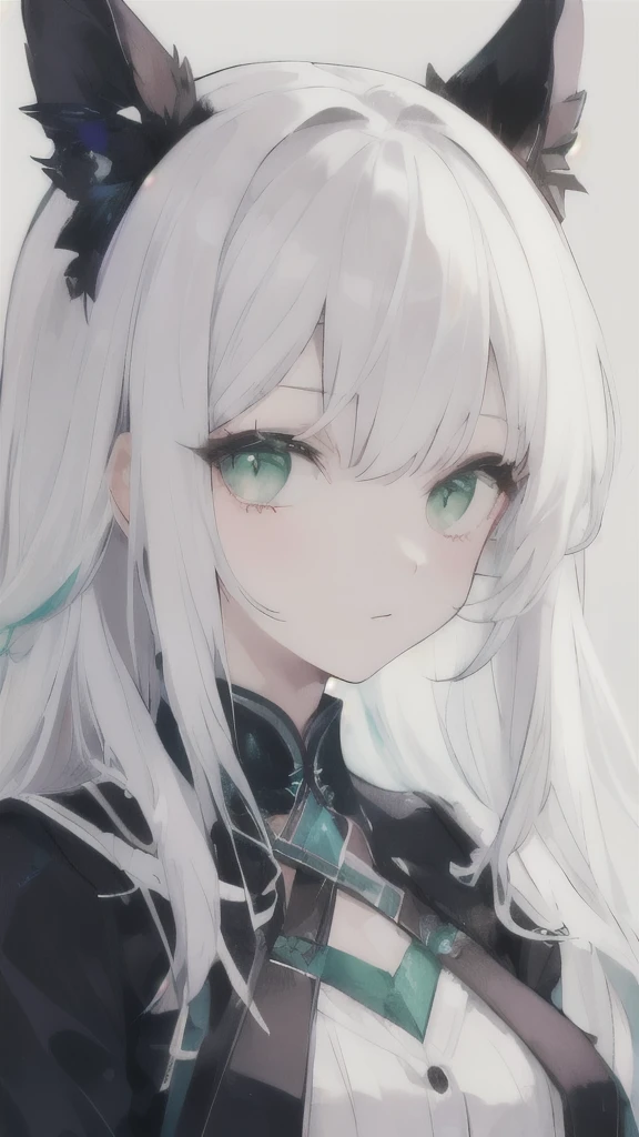 Anime girl with white hair and green eyes looking at camera , long hair、Anime CG arte suave, anime style. 8k, Hecho con Anime Painter Studio, Retrato realista kawaii, Render de una linda chica de anime , Retrato suave colorido, Anime estilizado、(fondo cuidad en ruinas con mucha vegetacion salvaje), (Calidad de imagen superior), (Fondo de pantalla 8k unificado CG ultrafino), (colorido:1.2), Sharp focus (full body camera shot), flat chest, black clothes nier automata clothes a2 type of body small 