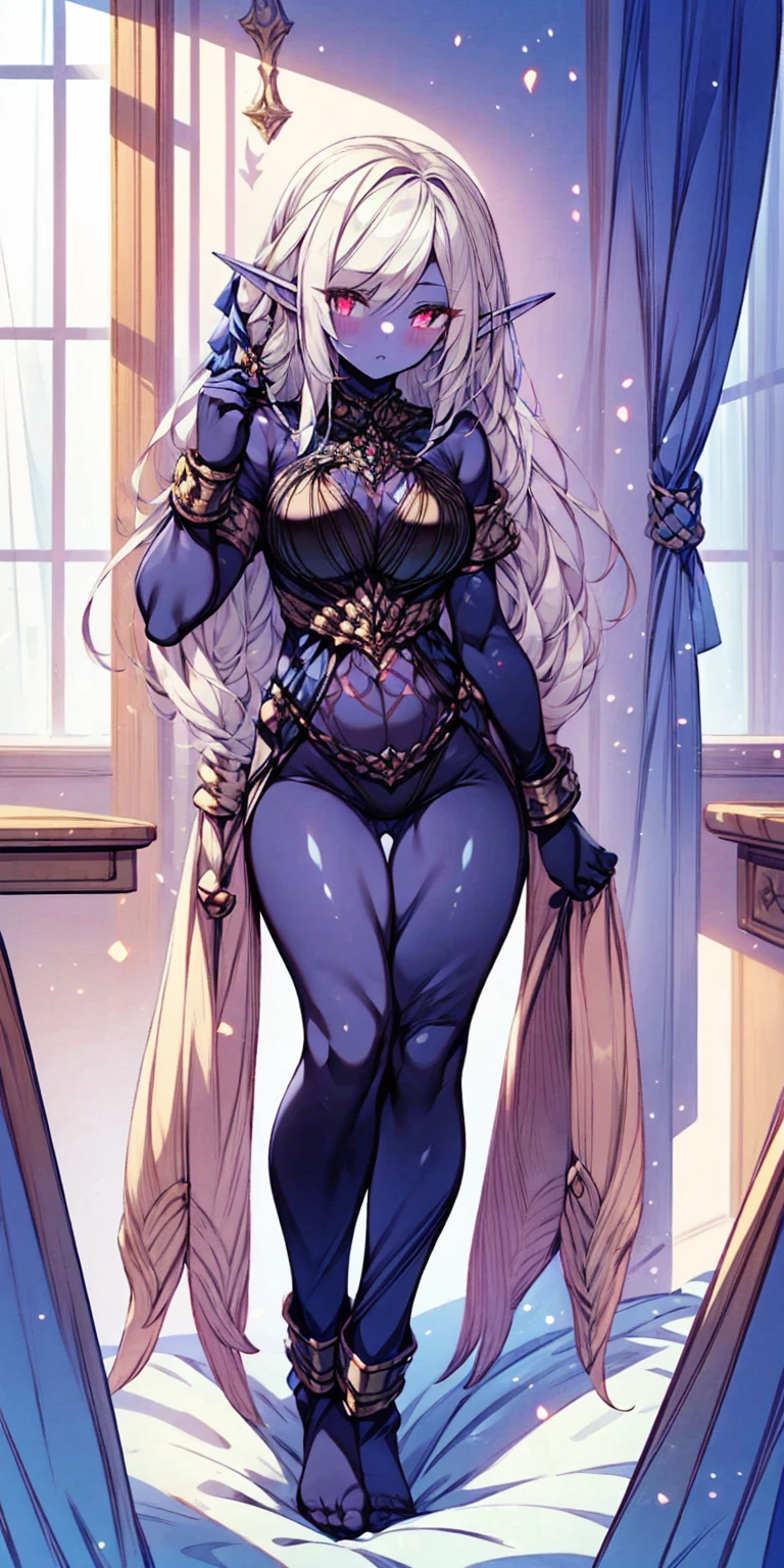 (masterpiece), (best quality), (ultra-detailed), line drawing, skindentation, (high resolution), (shackles on legs and arms inside bed), (high quality, best rendering), (8k), sharp focus, highres, 1girl, drow, purple colored skin, drow elf, pointy ears, full body, fetal positon on bed, (high quality:1.2), (high detail:1.2), (masterpiece:1.2), (extremely detailed:1.2)