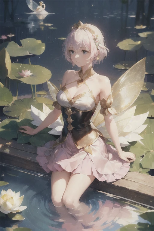 young man, twink, (((male))), (((man))), (((one person))), single, solo, (((very light blonde hair))), (((pink colored eyes))), (medium short hair), (chin-length hair), wavy hair, slim body, ((flat chest)), (((fantasy style))), (((wearing flowers in his hair))), flowercrown, ((pointy ears)), (((light pink colored eyes))), smooth skin, (((transparent clothes))), (((loose top))), ((low cut top)), (wearing fantasy clothes), (((bare legs))), smiling, rocks in the background, tropical flowers, (((picking an exotic flower from a tree))), ((colorful flowers))
