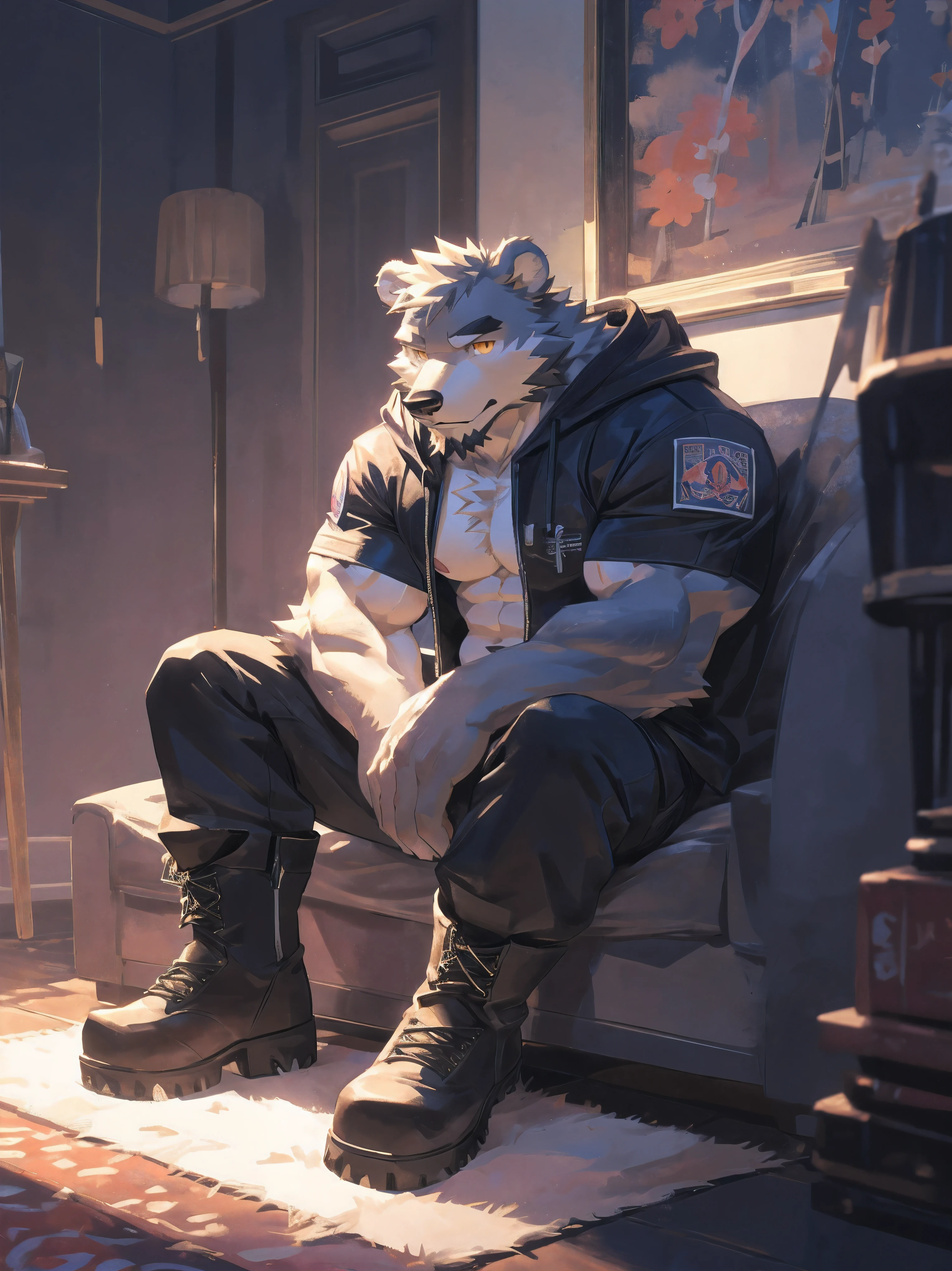 (masterpiece:1.2), best quality,pixiv,official art,perfect anatomy, (Ray tracing, light),solo, (1_male:1.3) , (muscle), (gray fur:1.4), (muscle bear), (beard:1.2), (gleaming golden eyes), Thick black eyebrows, (open hoodie:1.2), (naked inside:1.2), cargo pants, (boots:1.2), portrait, sitting alone, fur carpet, indoor, cushion