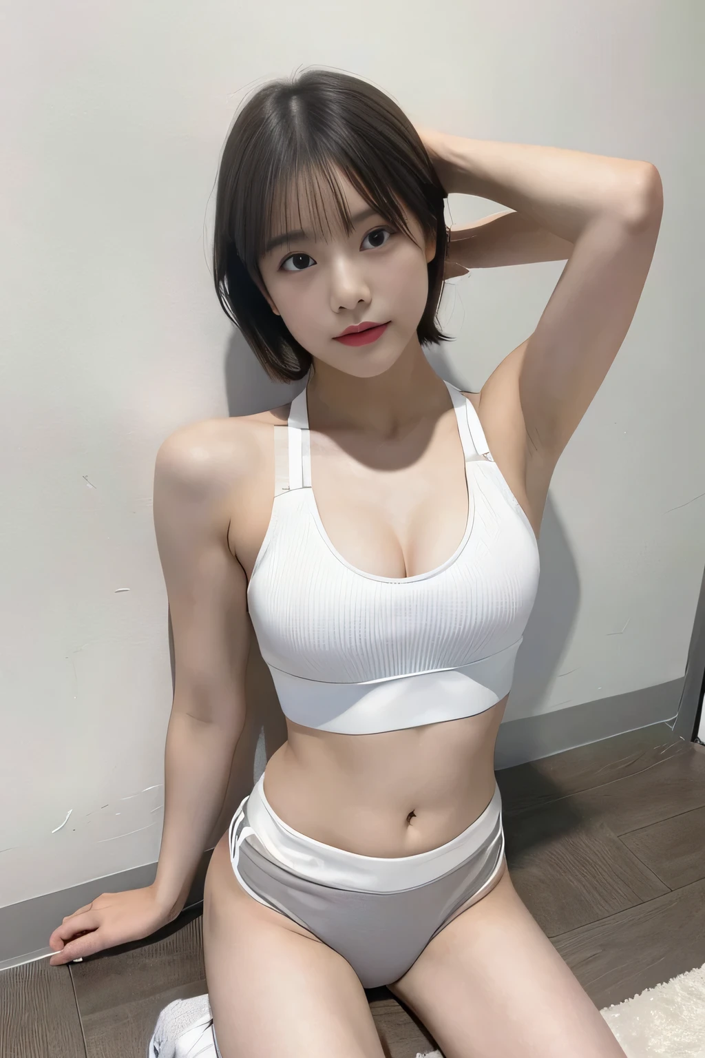 (((White sports bra with grey lines,Small breasts,Spread your legs,Amorous))),((Japanese,woman,cute)),(clean,short hair),(highest quality,masterpiece:1.3,超A high resolution),(Ultra-detailed,Caustics),(Photorealistic:1.4,RAW shooting,)Ultra-Realistic Capture,Very detailed,High resolution 16K resolution