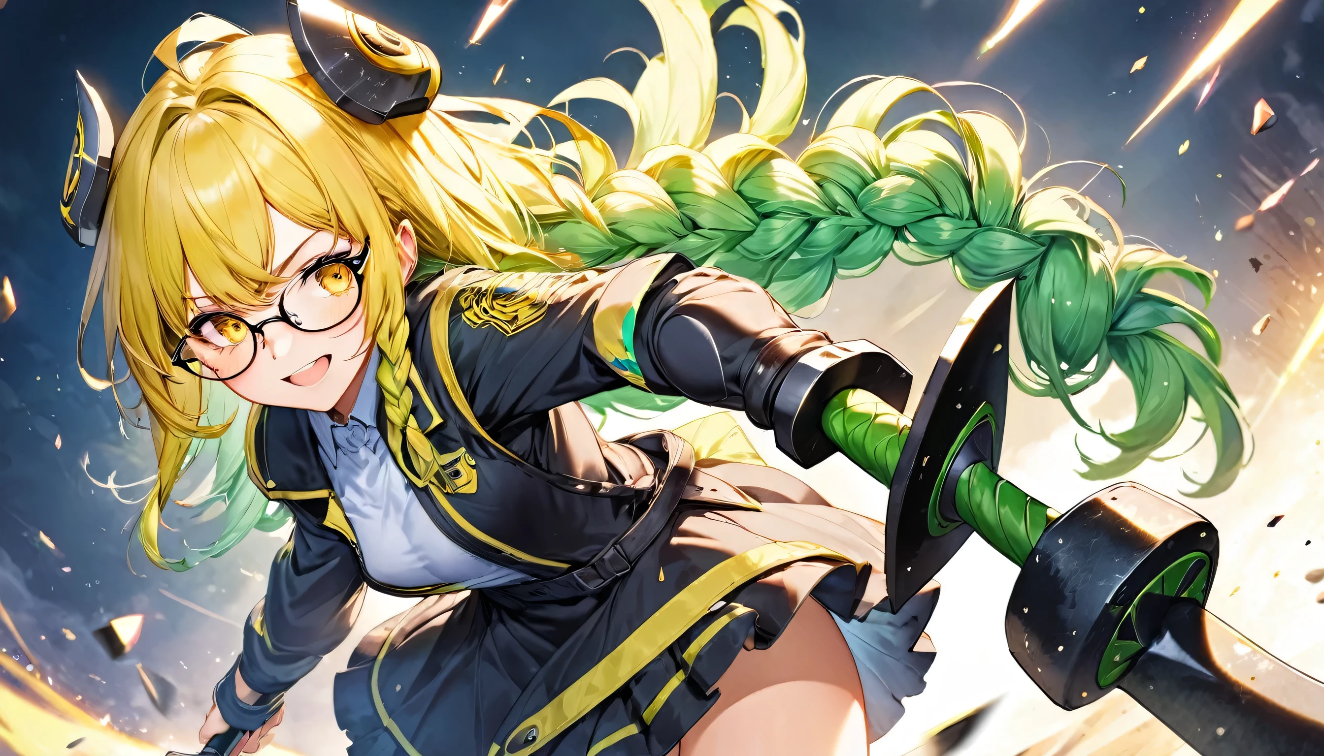 (battle fighting stance) (solo green Braid:1.4 hair long hair cute girl, cute yellow eyes, angry smile), (15 yo), (in a fighter suit, glasses), BREAK, (with both hands holding a biggest divine axe), BREAK, (in the battle stage), perfect anatomy, masterpiece, best quality, 16k.