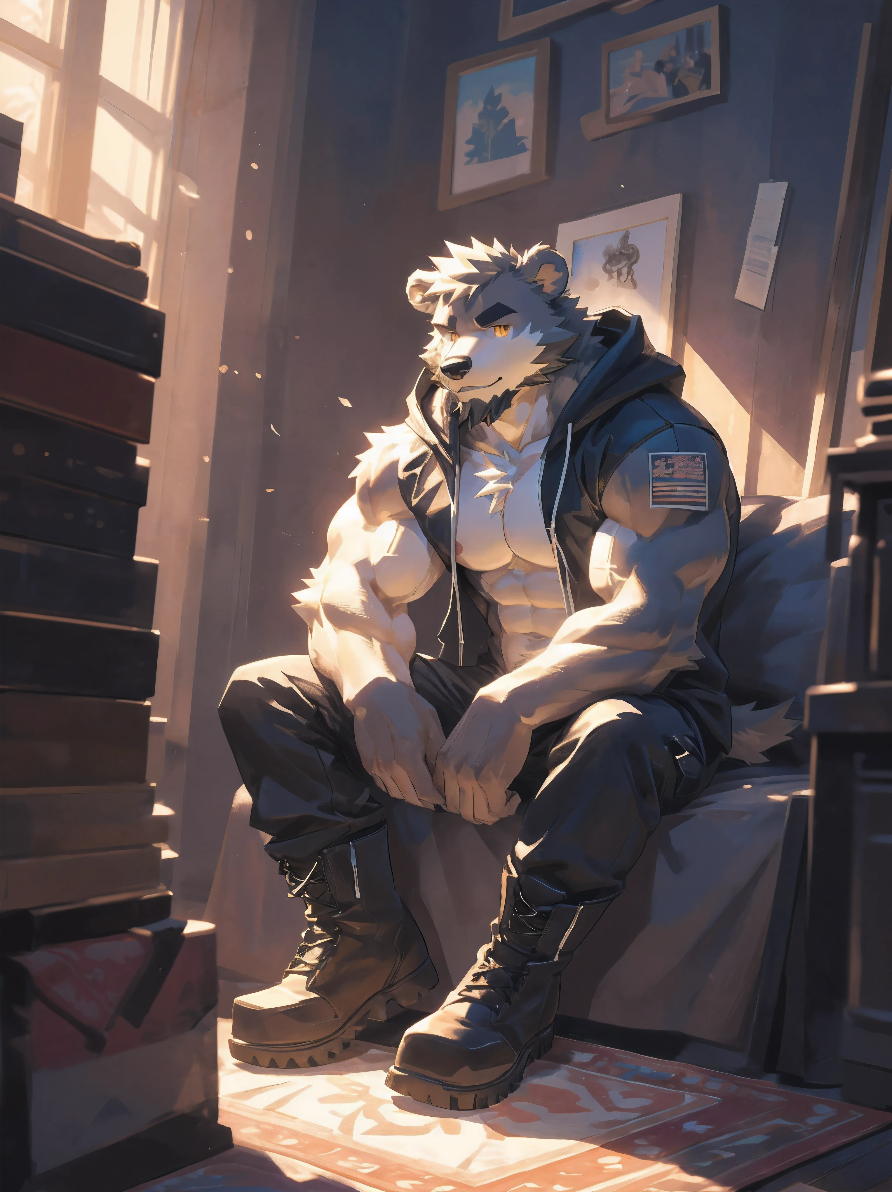 (masterpiece:1.2), best quality,pixiv,official art,perfect ???????, (Ray tracing, light),solo, (1_male:1.3) , (muscle), (gray fur:1.4), (muscle bear), (beard:1.2), (gleaming golden eyes), Thick black eyebrows, (open hoodie:1.2), (????? inside:1.2), cargo pants, (boots:1.2), portrait, sitting alone, fur carpet, indoor, cushion