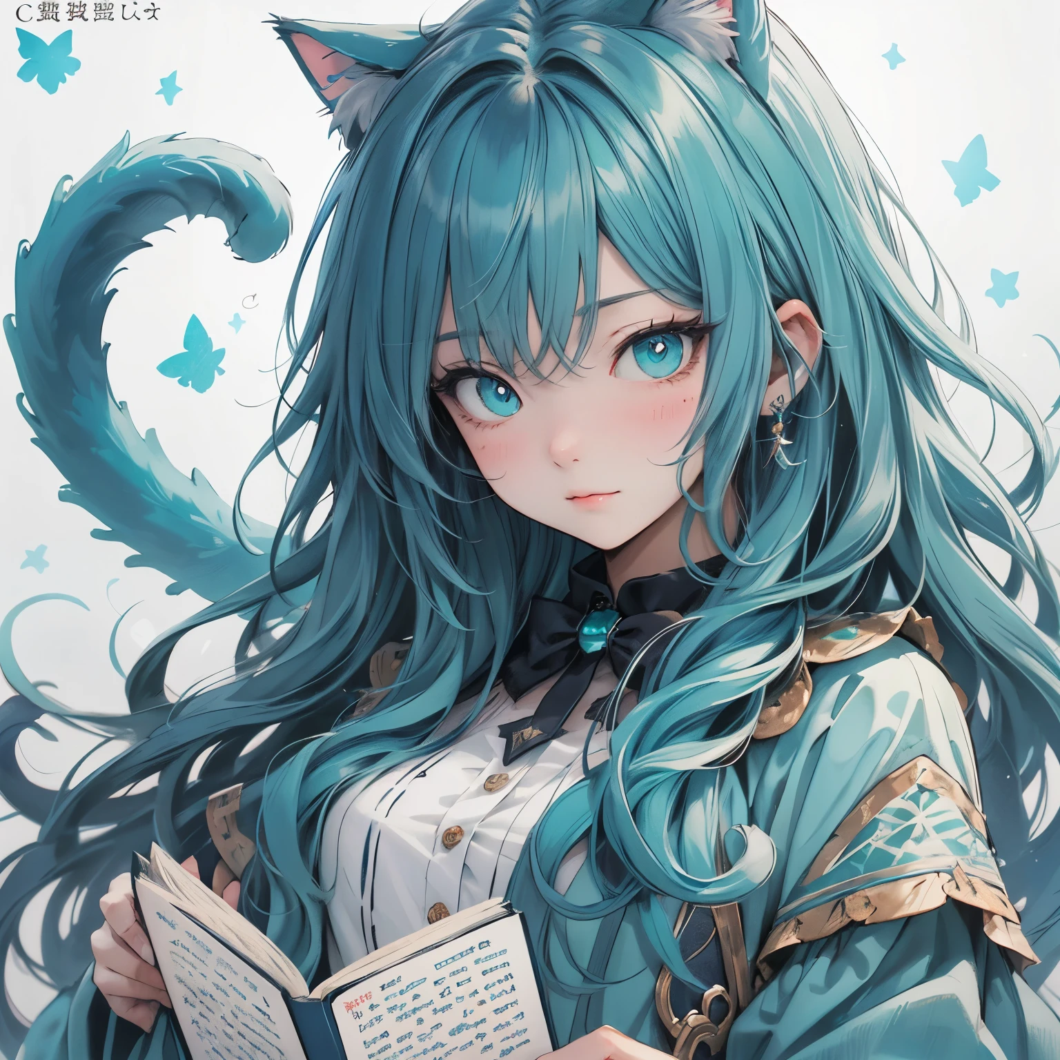 (Read the dictionary:1.3)、Cat with a turquoise ribbon、Turquoise Hair、Turquoise eyes、Blue-green clothes、、letter、naughty face