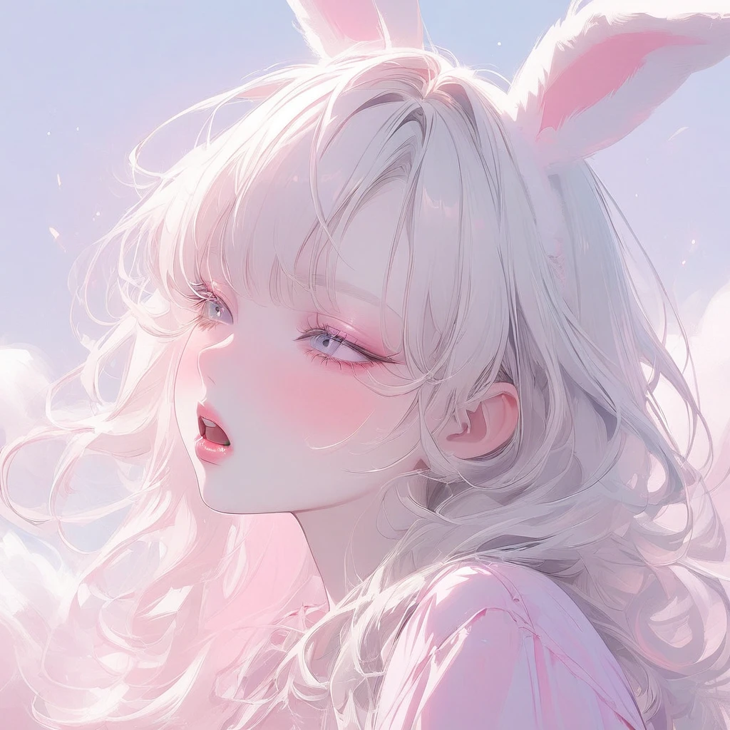 Girl, white hair, albino, beautiful, pastel pink shirt, pastel colors, lipgloss, brat, wide mouth, ethereal, submissive, white bunny ears, cute, fluffy ears, sweet, bunny teeth