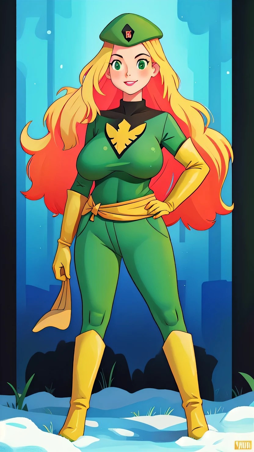  redhead woman wears a green dress and a yellow mask and stockings,  powerfull superhero, sexy poses  . High dynamic range, vivid, rich details, clear shadows and highlights, highly detailed