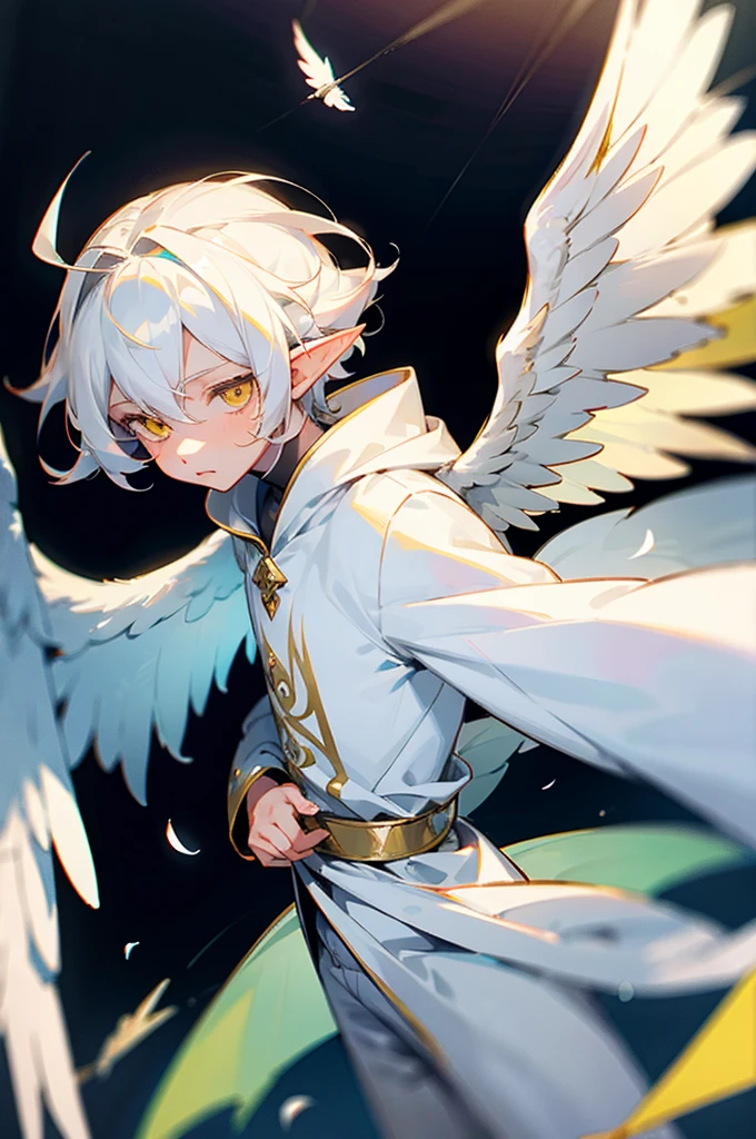 1 boy, Yellow eyes, white colored hair, Pastel colors, elf ears, nimbus, wings, white clothing, angel, young boy