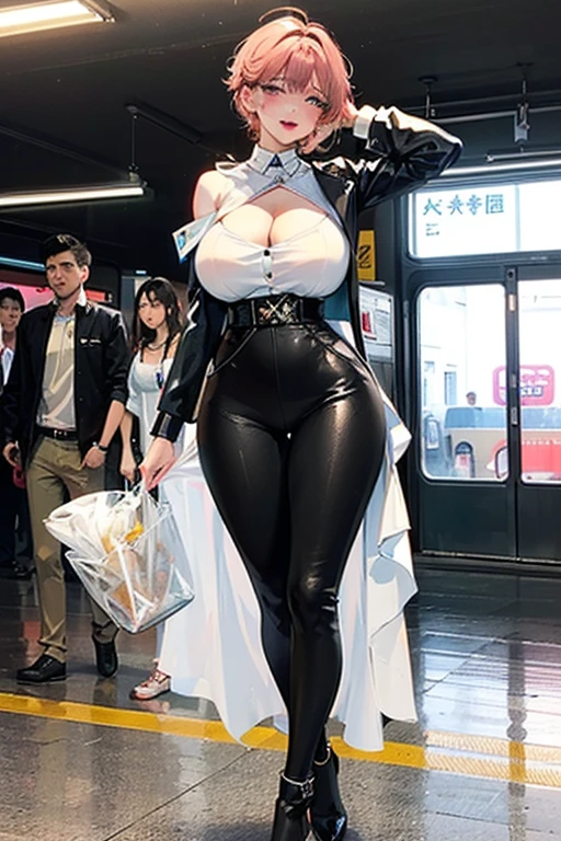 In the subway, A sexy girl in leather clothes raised her head,Both of them blushed.,A man stands behind a woman,Woman with open mouth(((Large Breasts、Breast sagging、Low-cut,Cleavage ,Wide hips,)))((Long legs)),Hourglass figure))