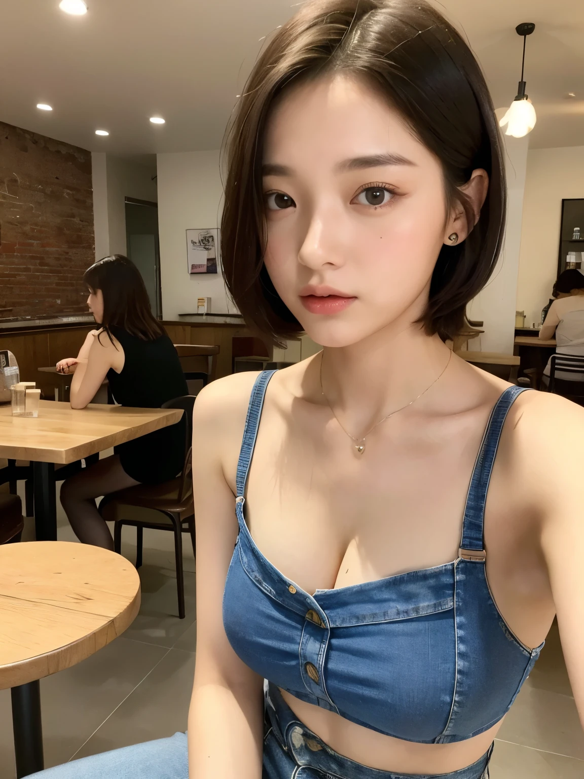 (Realistic、High resolution:1.3)、One girl with a perfect figure、Very narrow face and eyes、short hair、Tank top:Random color 1pc.2、Short jeans、At the cafe、Coffee on the table、huge 、Exposed cleavage