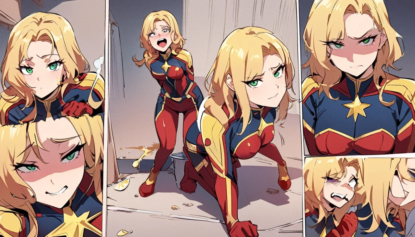 Captain Marvel is bent over retching and puking, a lemon with a bite out is near her, she has her back to the viewer, several superhero's chuckling around her, full body shown, comical scene
