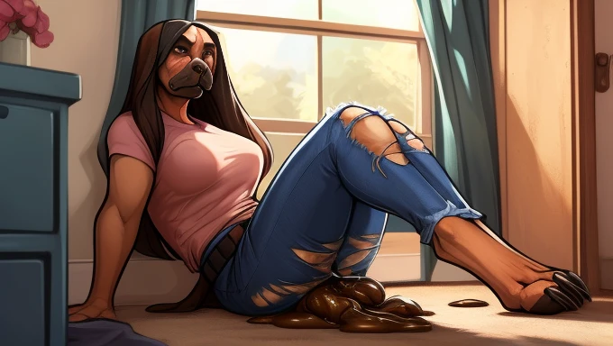 lap, shiting herself, long solid huge feces, looking shocked, looking surprised, painful expression, (a female in her 20s wearing long blue jeans with a black belt and wearing a brown short sleeve shirt, she has brown eyes and brown semi long straight hair she is turning into a female bullmastiff while shiting herself ), , digitigrade, , ripped clothes, breast , bust, BREAK (by zackary911, by braeburned, by haps), (transformation:1.2), on knees, ripped clothes , pants and shirt are completely ripped and are starting to expose her fur, (human face:1), hair, ln her room looking at a mirror , mostly transformed barely human anatomy, hair ,bullmastiff tail, butt burst, BREAK
