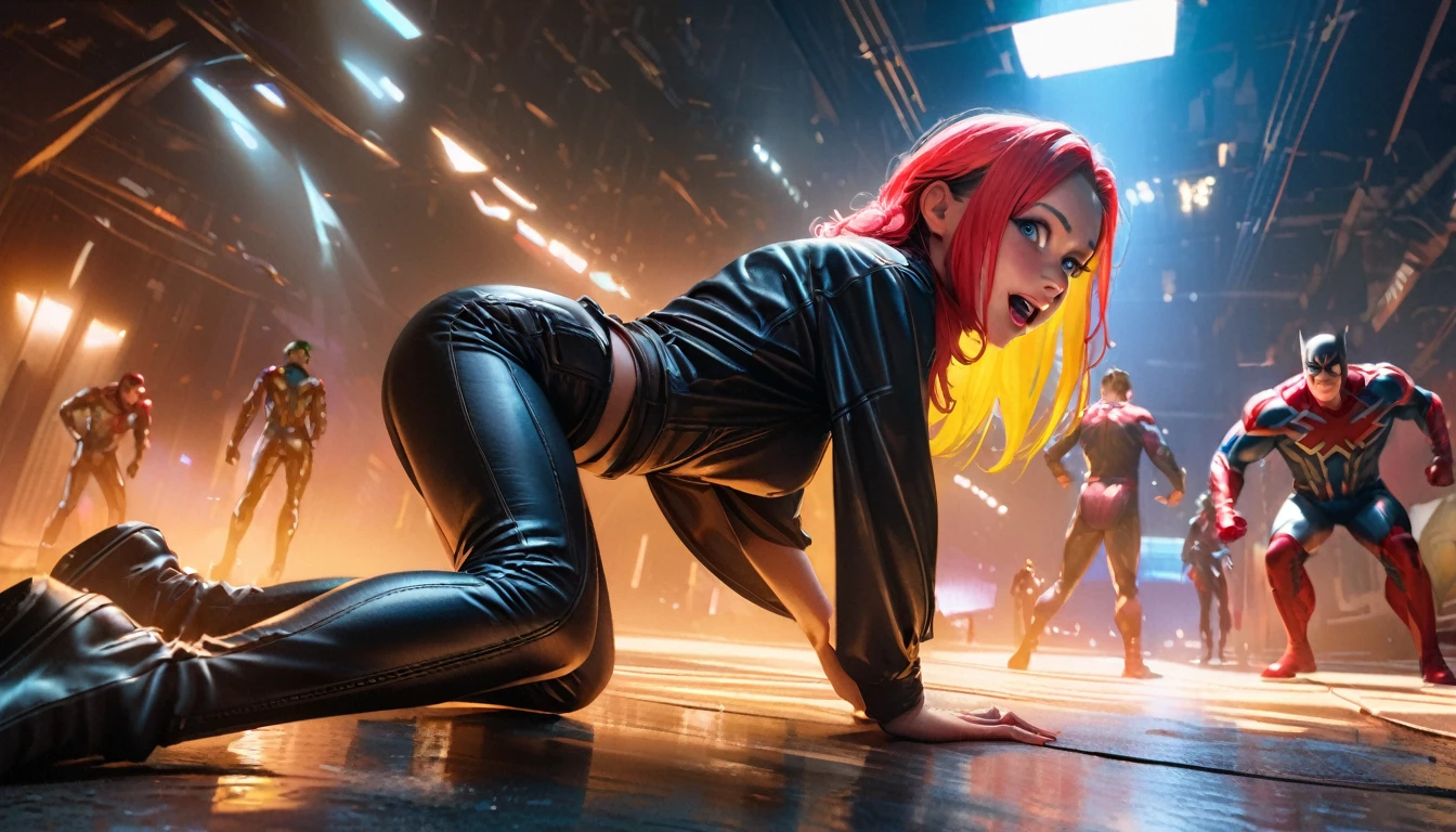 a woman in a superhero costume bent over retching and puking, a lemon with a bite out is near her, her back is to the viewer, several superheroes chuckling around her, full body shown, comical scene, highly detailed, vibrant colors, dynamic lighting, photorealistic, 8k