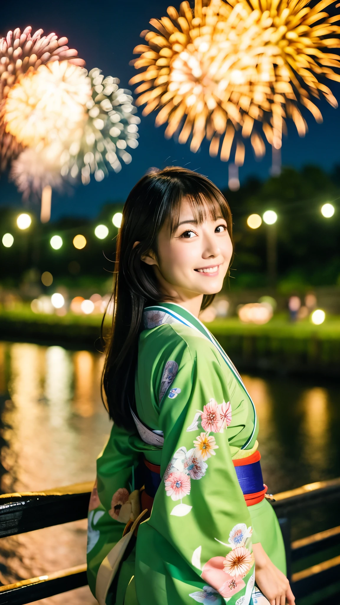 A thin Japanese woman in her 30s, Good wife, Cute Face, Detailed face, Fine grain, Neat, kimono, Walking along the river,Fireworks display, early summer, night,Romantic, Green Field, Portraiture