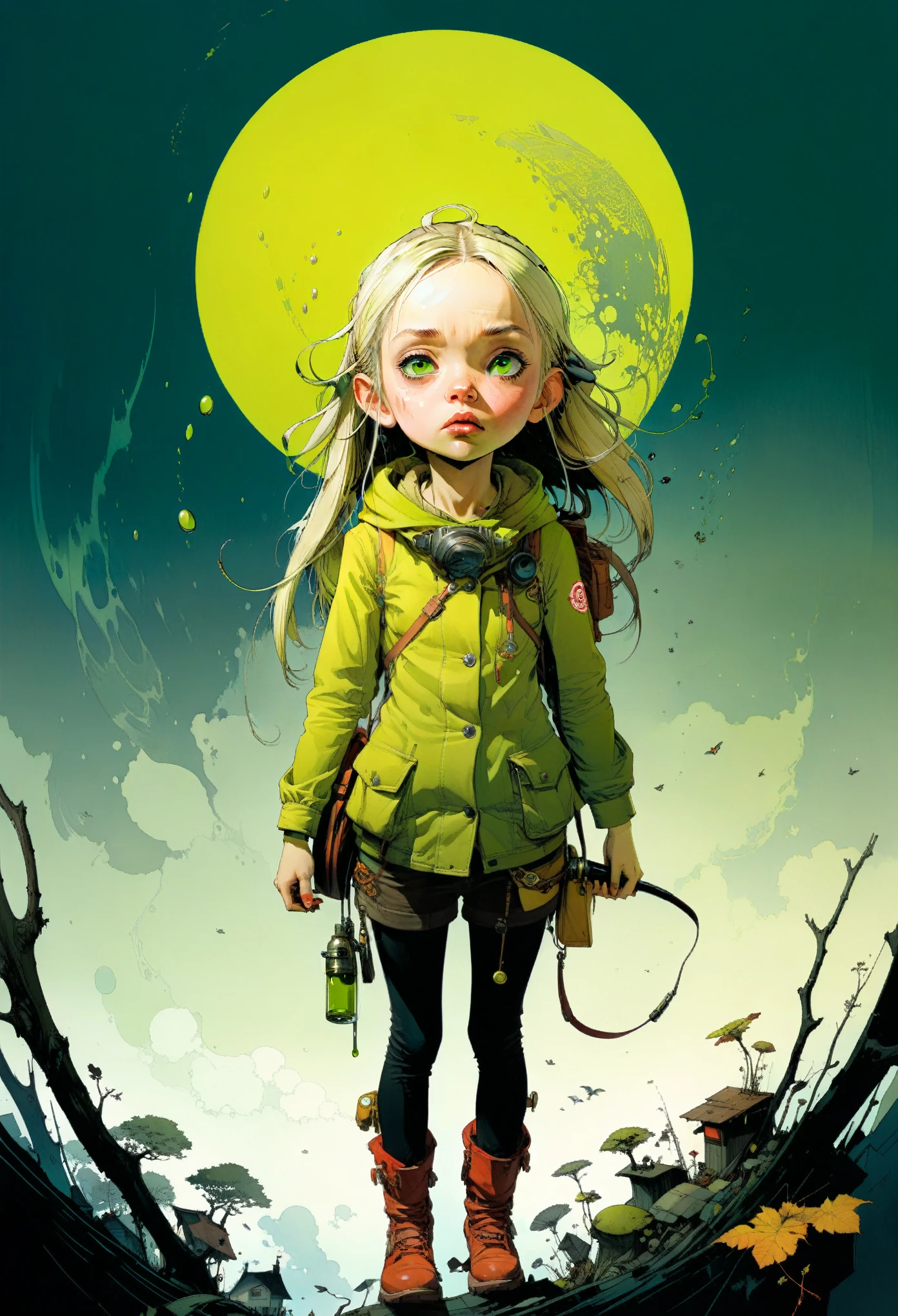 by Jean-Baptiste Monge and Tomer Hanuka, Chartreuse 78, wide angle, hyper detailed, comic book cover art, bold lines, expressive drawing, American female