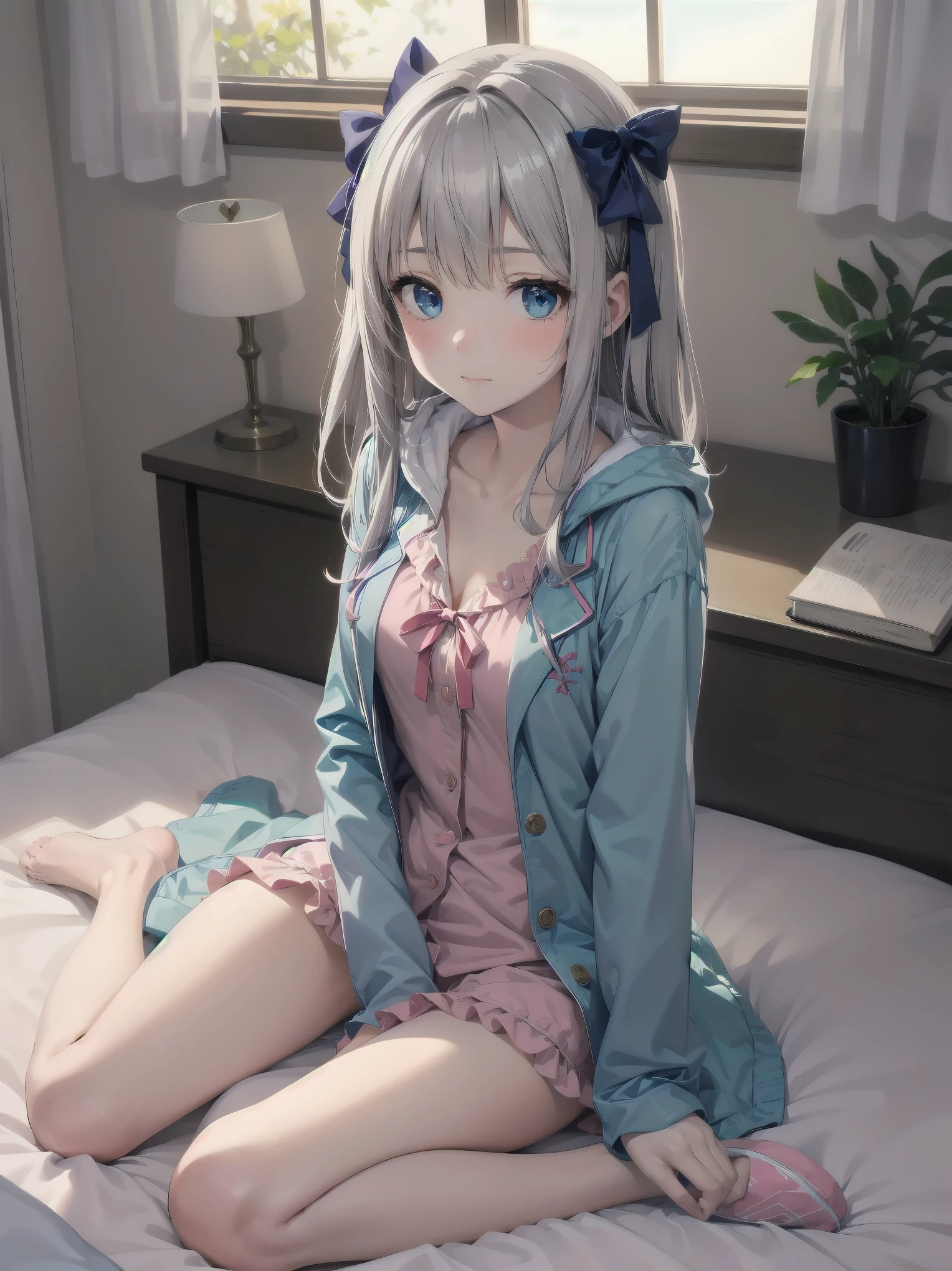 1girl, solo, long hair, looking at viewer, blush, bangs, blue eyes, long sleeves, bow, sitting, closed mouth, collarbone, jacket, hair bow, grey hair, thighs, frills, open clothes, indoors, hood, legs, book, bare legs, window, bed, on bed, stuffed toy, pink bow, blue jacket, pajamas, slippers, bedroom, izumi sagiri