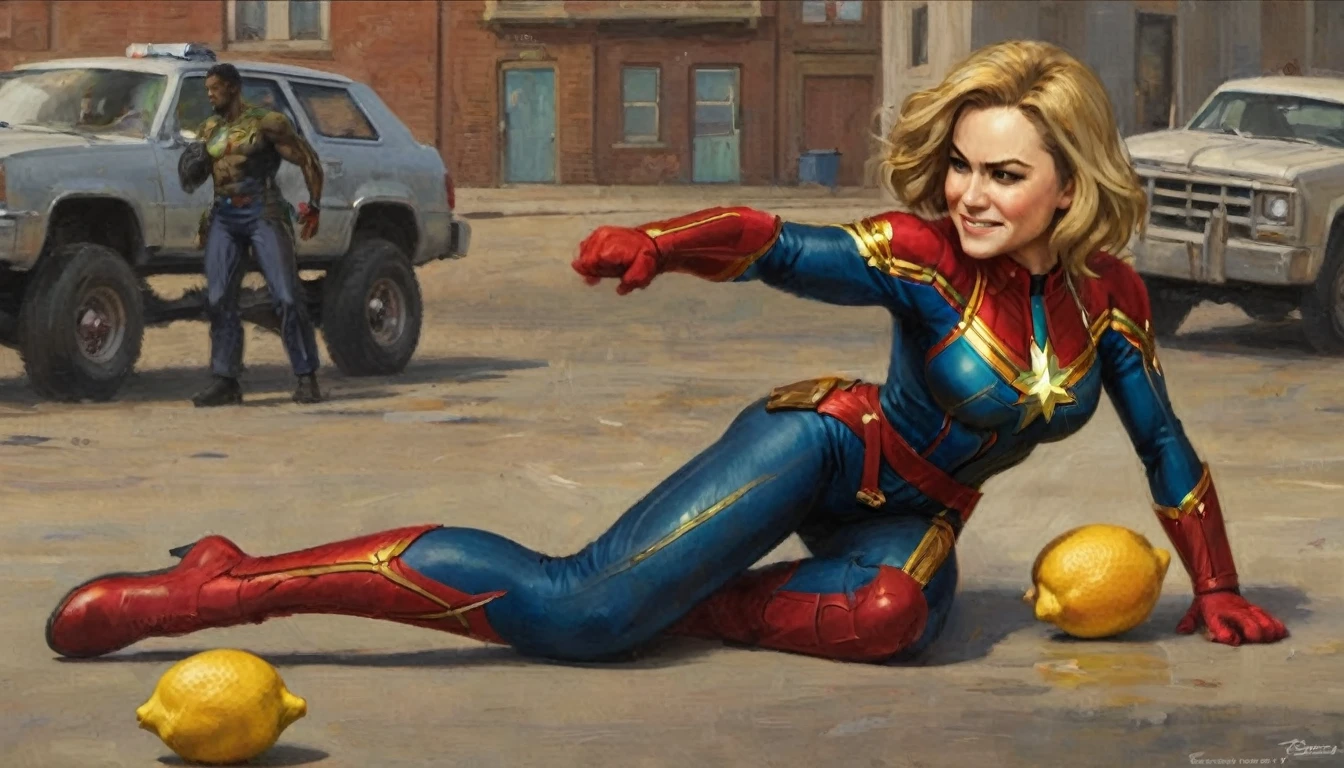 Captain Marvel is bent over retching and puking, a lemon with a bite out is near her, she has her back to the viewer, several superhero's chuckling around her, full body shown, comical scene
