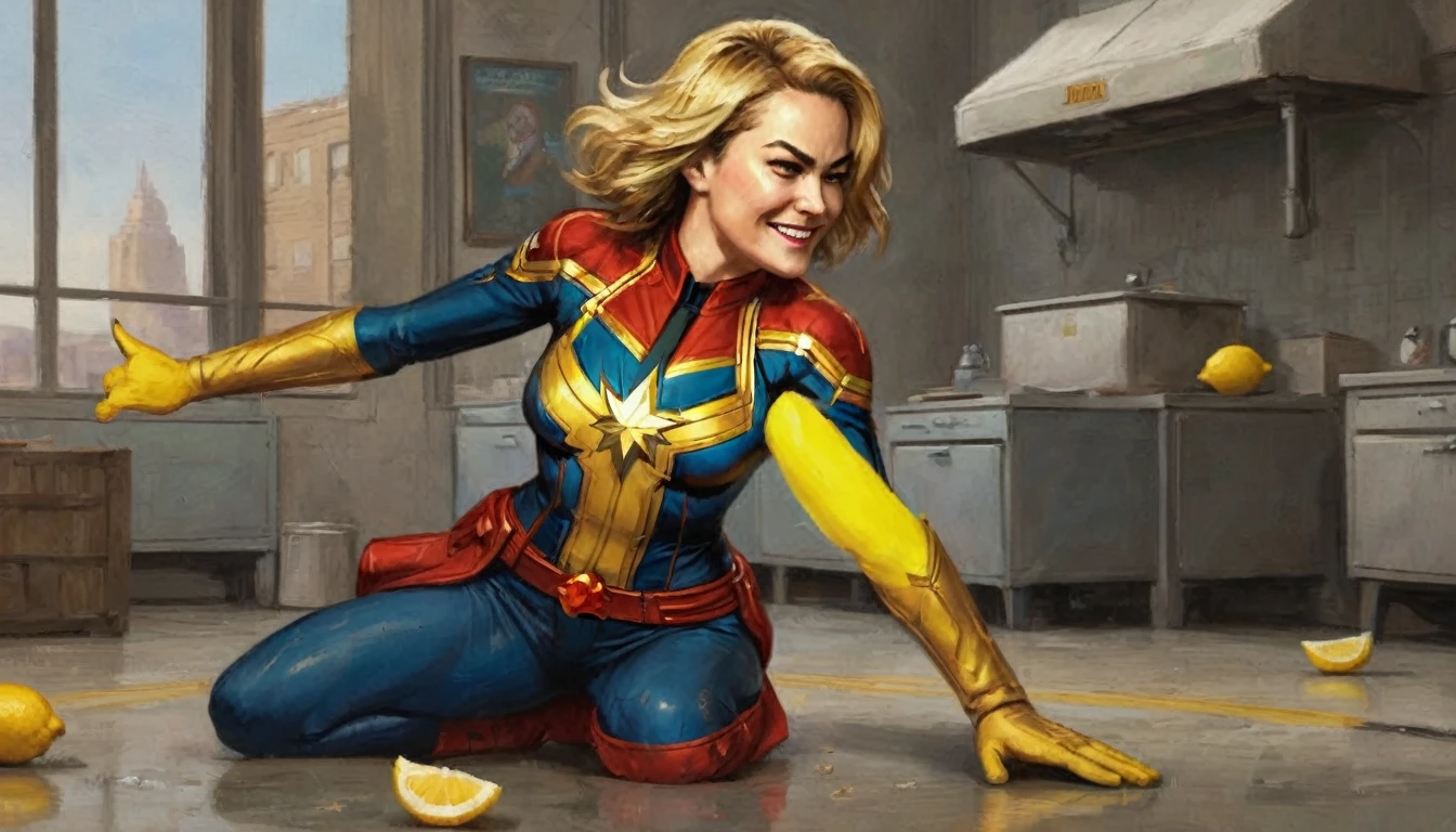 Captain Marvel is bent over retching and puking, a lemon with a bite out is near her, she has her back to the viewer, several superhero's chuckling around her, full body shown, comical scene