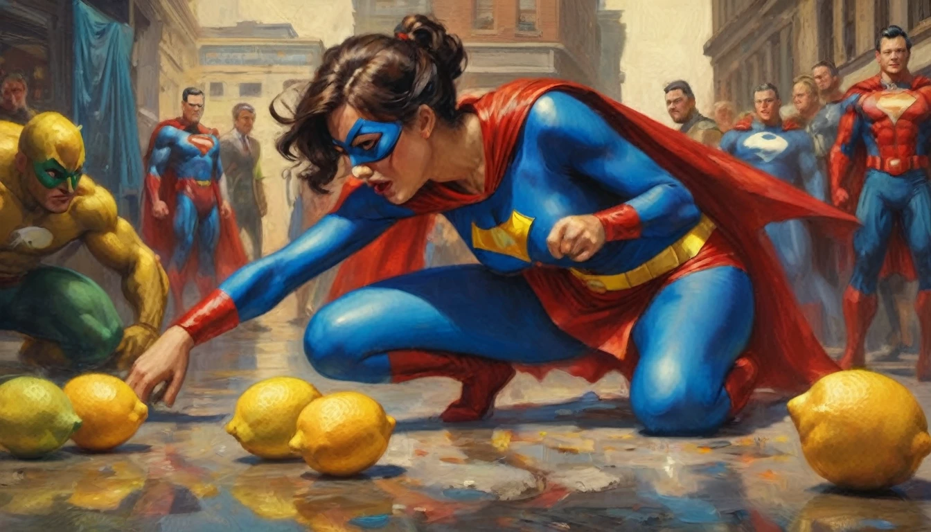 a woman in a superhero costume bent over retching and puking, a lemon with a bite out is near her, her back is to the viewer, several superheroes chuckling around her, full body shown, comical scene, highly detailed, vibrant colors, dynamic lighting, photorealistic, 8k