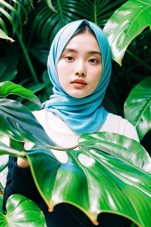a woman clean face beauty in cyan hijab 20 yo plant monstera variegated in a pot in a greenhouse under bright sunlight (8K, best quality: 1.2), (masterpiece: 1.37), (high sharpness) Masterpiece, best quality, (highly detailed photo: 1.1 ),((best quality)), ((masterpiece)), (detailed), perfect face
