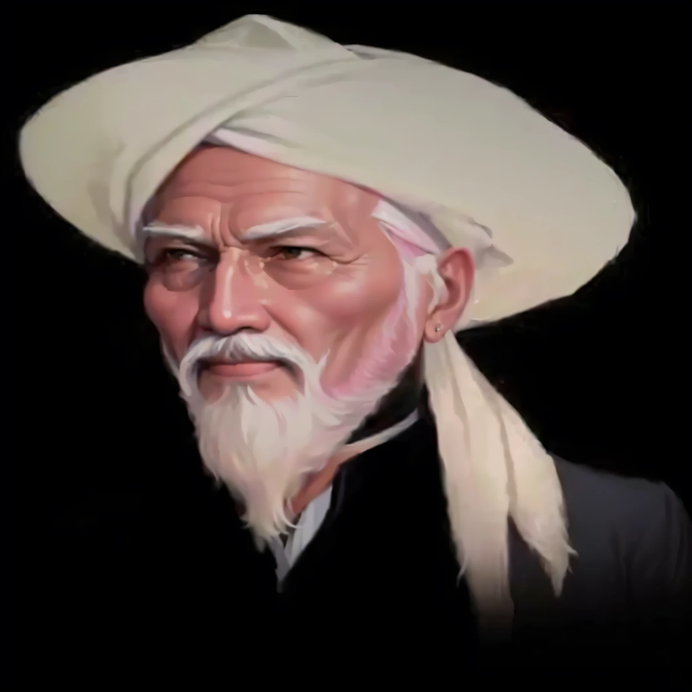 painting of a man with a white turban and a white beard,an 80 year old man, wearing a black robe, Arabic style clothes, white mustache and beard, handsome old face, raden saleh, by inspired by Syekh Muhammad Arsyad Al Banjari, ottoman sultan, ditigal painting, sufism, inspired by Abdullah Gërguri, mogul khan