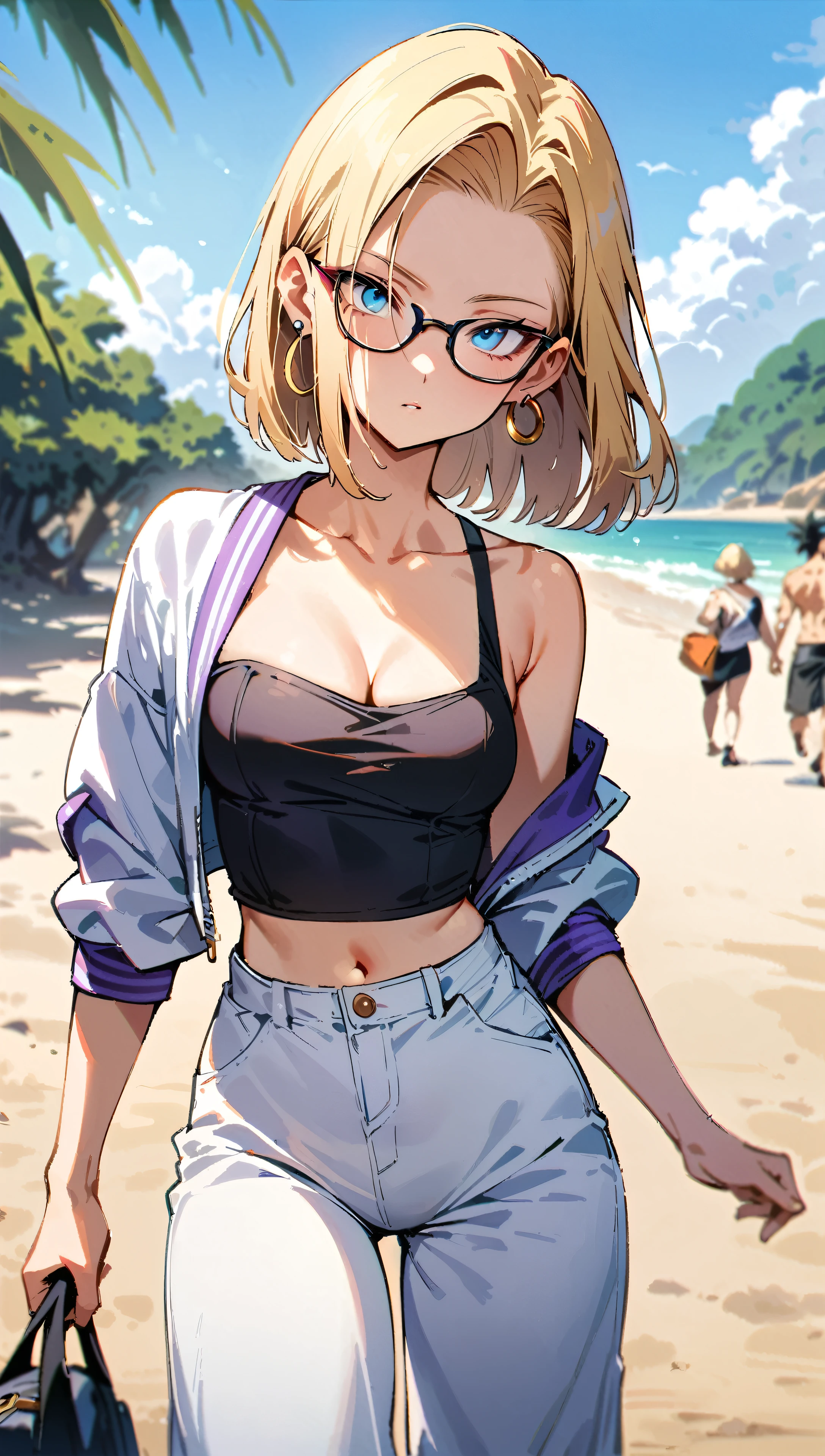 (masterpiece, best quality:1.2), full body shot, solo, Android 18 from Dragon Ball, Bodice, Street clothes, collarbone, cleavage, one-shoulder crop camisole, purple off-shoulders track jacket, cropped jacket, midriff-baring, navel, white baggy pants, small breasts, short blonde hair loose, purple dye, purple tips, (blue eyes), (wearing glasses), earrings on earlobes, slender feminine figure, narrow waistline, skinny body, sunlight, walking, beach, facing the camera, blur background, 4K
