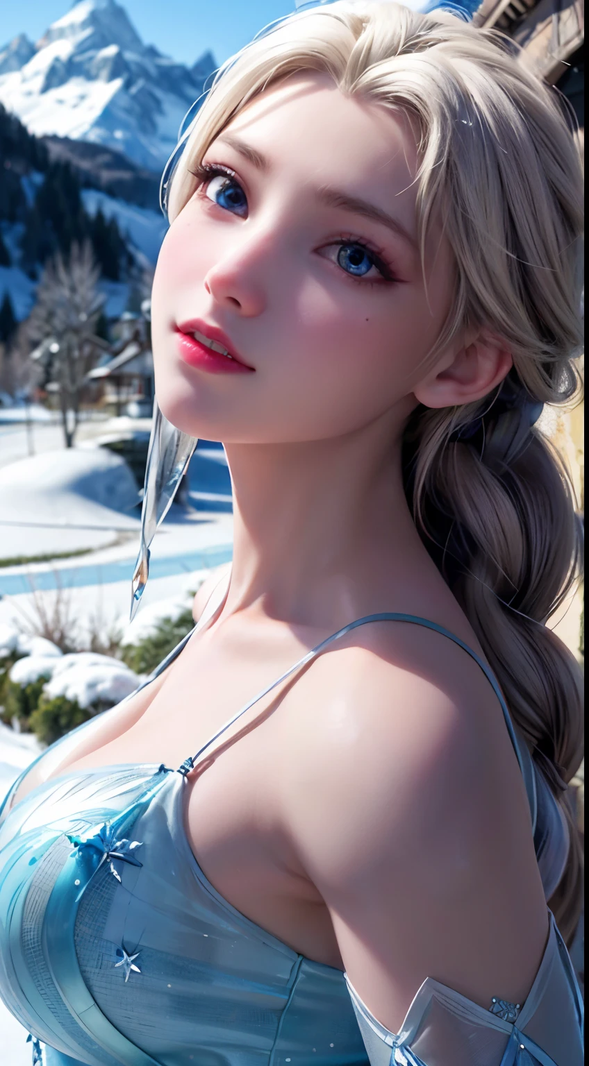 "highest qualityの傑作を創る, A realistic cosplay of Elsa from Arendelle in a stunning blue ice dress. She should wear her braids in one.. In the background we draw majestic mountains covered in snow and ice., Close-up shot,, She is posing for a photo shoot, Shot taken from below."(8K,RAW Photos),(Best Quality),(Masterpiece Loose),(Realistic,),(High resolution),Hyper Detail,(Gentel Realism:1.1),Beautiful Face, (1 Female:1.1),High resolution), (8k), (Very detailed), (4K), (Pixiv), Perfect Face, Beautiful eyes and face, (highest quality), (Very detailed), Detailed face and eyes, (alone), Textured skin, Absurd, High resolution, (Dynamic Angle:1.3) (Dynamic Pose:1.3)