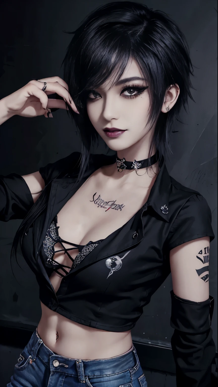 1girl, woman, emo_hairstyle, black lipstick, smug, grin, choker, cuffs, eyeliner, eye shadow, mascara, smoky eyes, realistic lighting, business shirt, jean pants, flat chest, satanic tattoo.