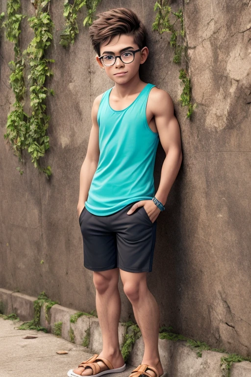 milo_thatch, tank top, pants, looking at the viewer, veiny arms, glasses, rock wall, realistic, 10 year old zangado na rua, roupa rasgada, sem camisa, shaved shorts, Serious expression, sujo, suado