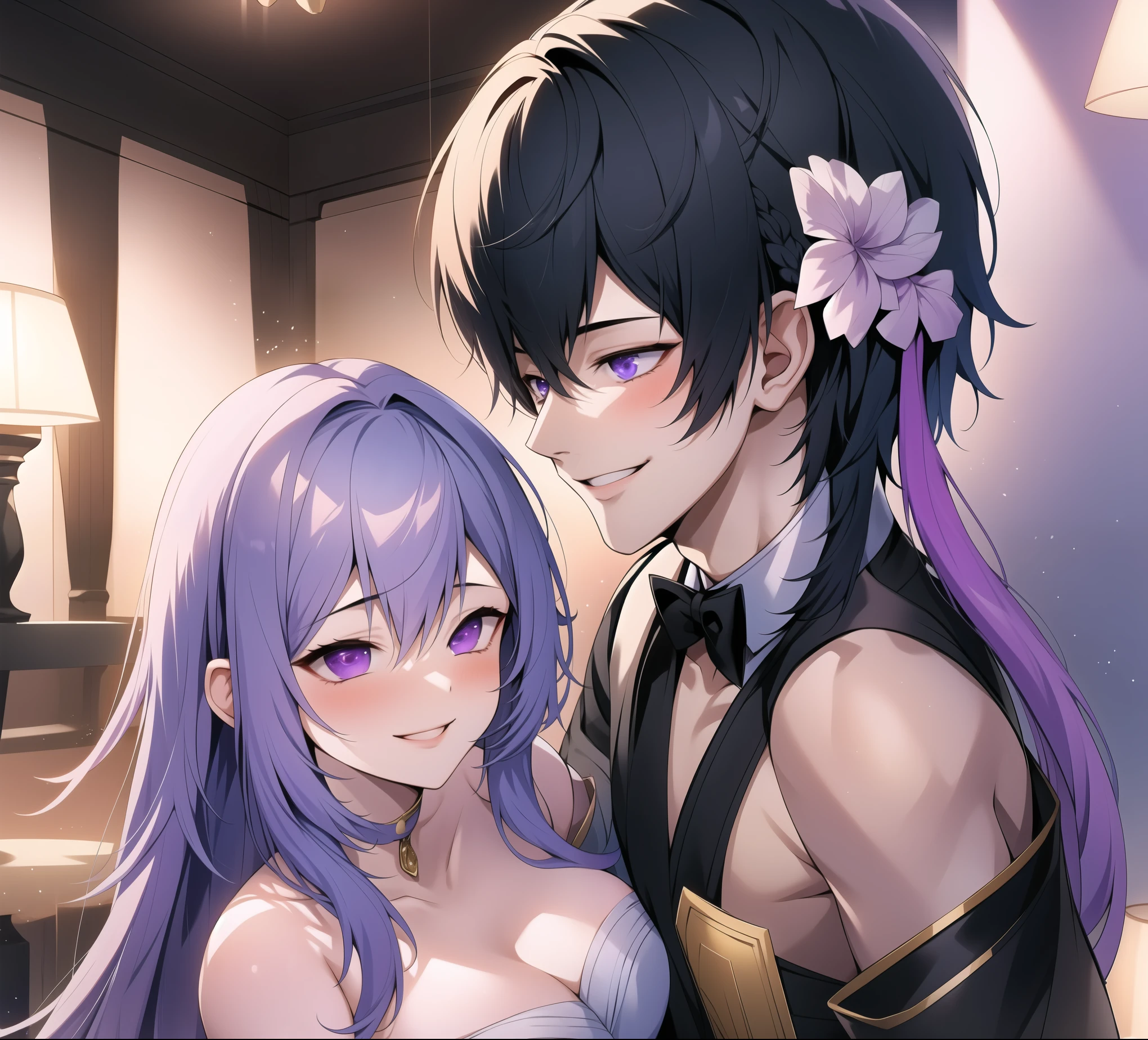 1 boy,Girl with purple and white gradient double braids,romantic couple,Smiling Face,as thick as thieves,Background blur,high quality,Artistic sense,cinematic atmosphere,Luxury lighting