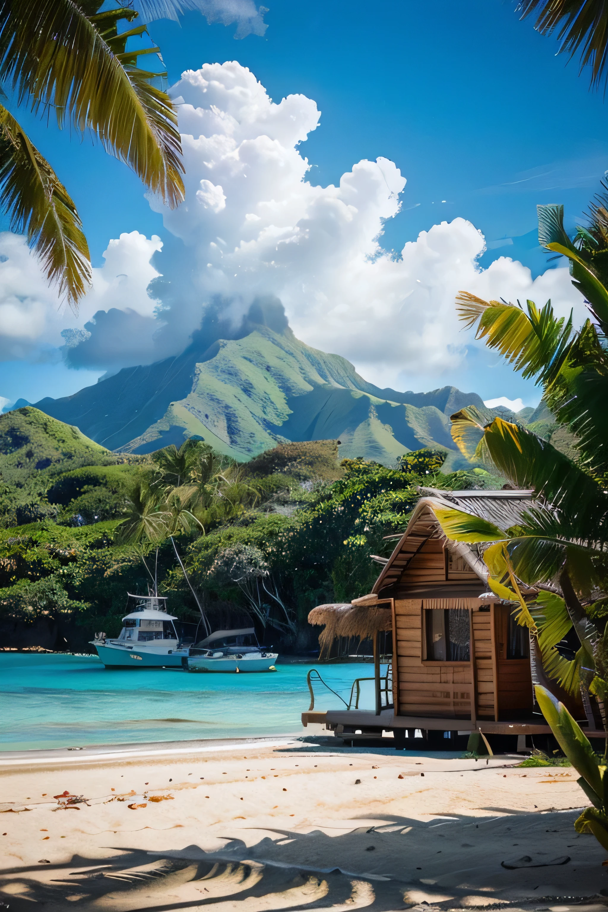 a boat is docked on the beach near a hut in the middle of the ocean, a picture inspired by Paul Gauguin, pexels contest winner, visual art, paradise in the background, tropical location, tropical paradise, polynesian style, beautiful place, tropical beach paradise, beautiful tropical island beach, hawaii beach, tropical beach, tropical setting, tropical landscape