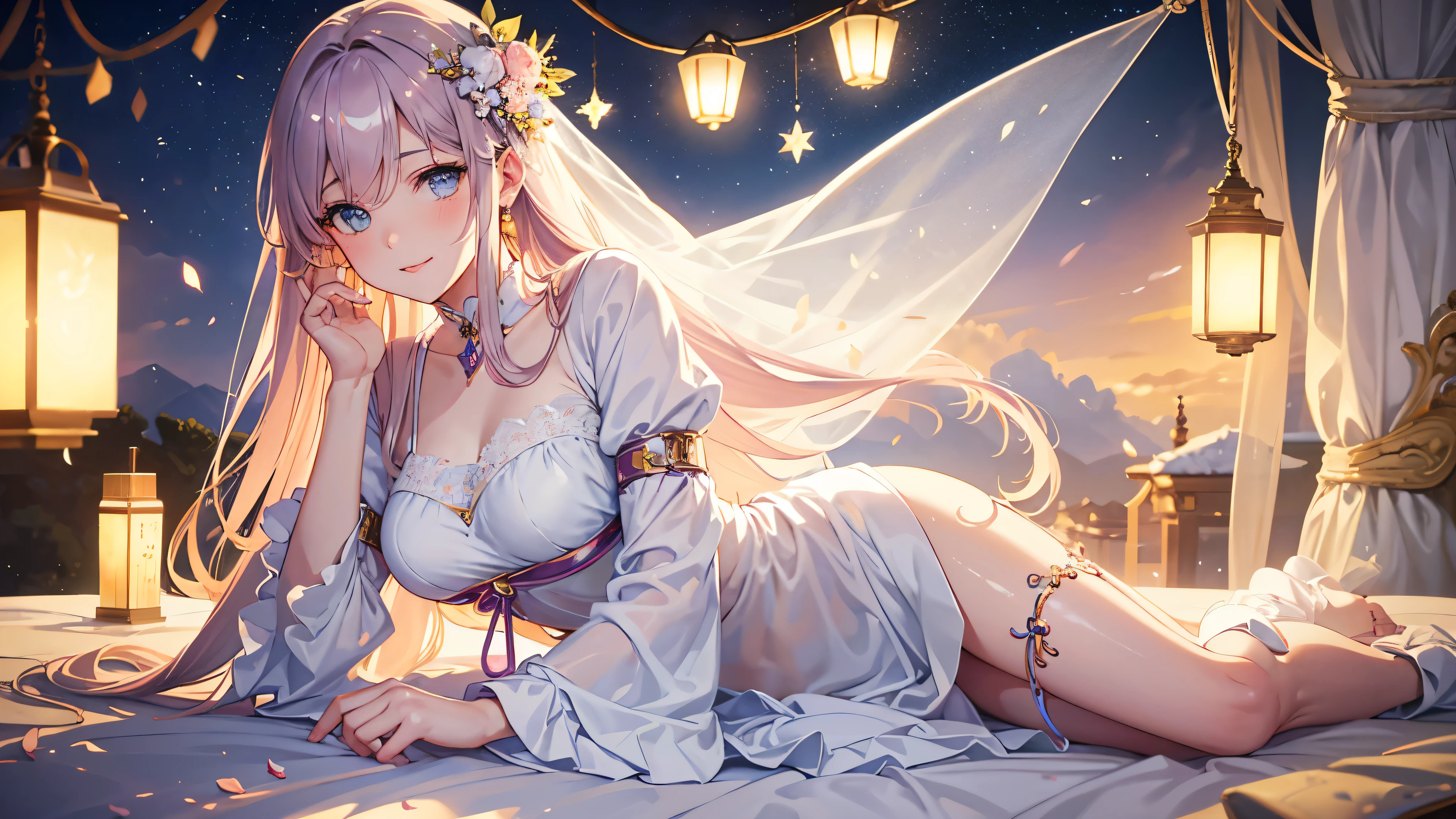 top-quality、Top image quality、​masterpiece、Girl in full body underwear seen from behind((24 year old、Best Hip、big bast、Beautiful ass、Butt zoom up、Beautiful back、Beautiful blue eyes、,Blonde long hair、A slender、a closeup、Esbian、Gentle light、beautiful tiara、hiquality、Beautiful Art、Background with((starrysky)))masutepiece、visualart、depth of fields、、low angles、、Elven ears、、light magic、kosmos、、🎵、Happy smile、Gentle light、magical lights、、Beautiful skins、beutiful breast、beautiful foot、welcome、、accurate fingers、Exact finger count、nffsw,beautiful nightgowns、A sexy、Mystical　　floating、erotick　orgasmic、A sexy、flower  field　beautifully decorated bed、Prone、directly in front