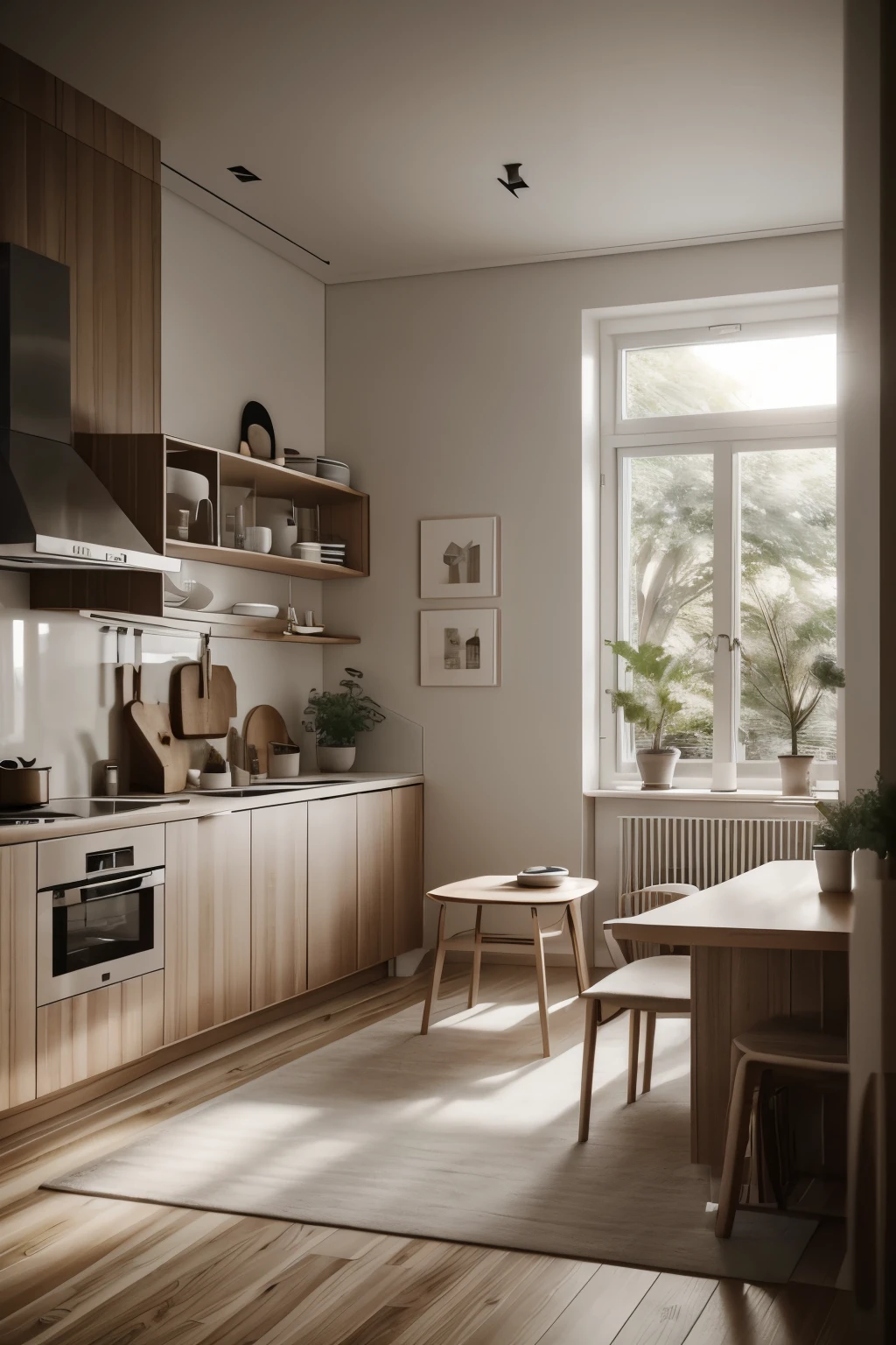 kitchen interior, scandinavian style, Minimalist design emphasizes simplicity, elegance, and comfort, neutral color palette and a soft lighting system, creating a cozy and relaxing atmosphere, Simple and functional furniture maximizes space and creates a sense of airiness, (realistic:1.2), Raw photo,Masterpiece, high quality, best quality, authentic, super detail,