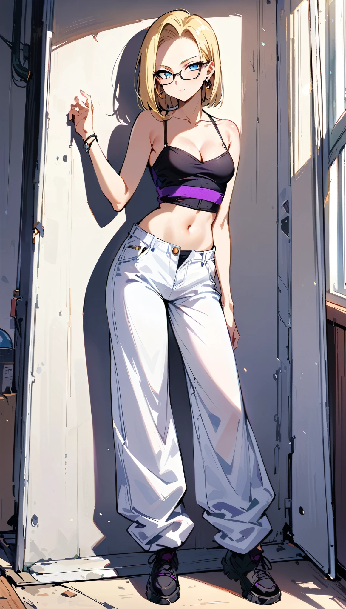 (masterpiece, best quality:1.2), full body shot, solo, Android 18 from Dragon Ball, Bodice, Street clothes, collarbone, cleavage, crop top, shows off her stomach, white baggy pants, small breasts, layered clothing, goth, short blonde hair loose, purple dye, purple tips, (blue eyes), (wearing glasses), earrings on earlobes, slender feminine figure, narrow waistline, skinny body, sunlight, standing in front of a white mirror, plain white wall, facing the camera, blur background, 4K