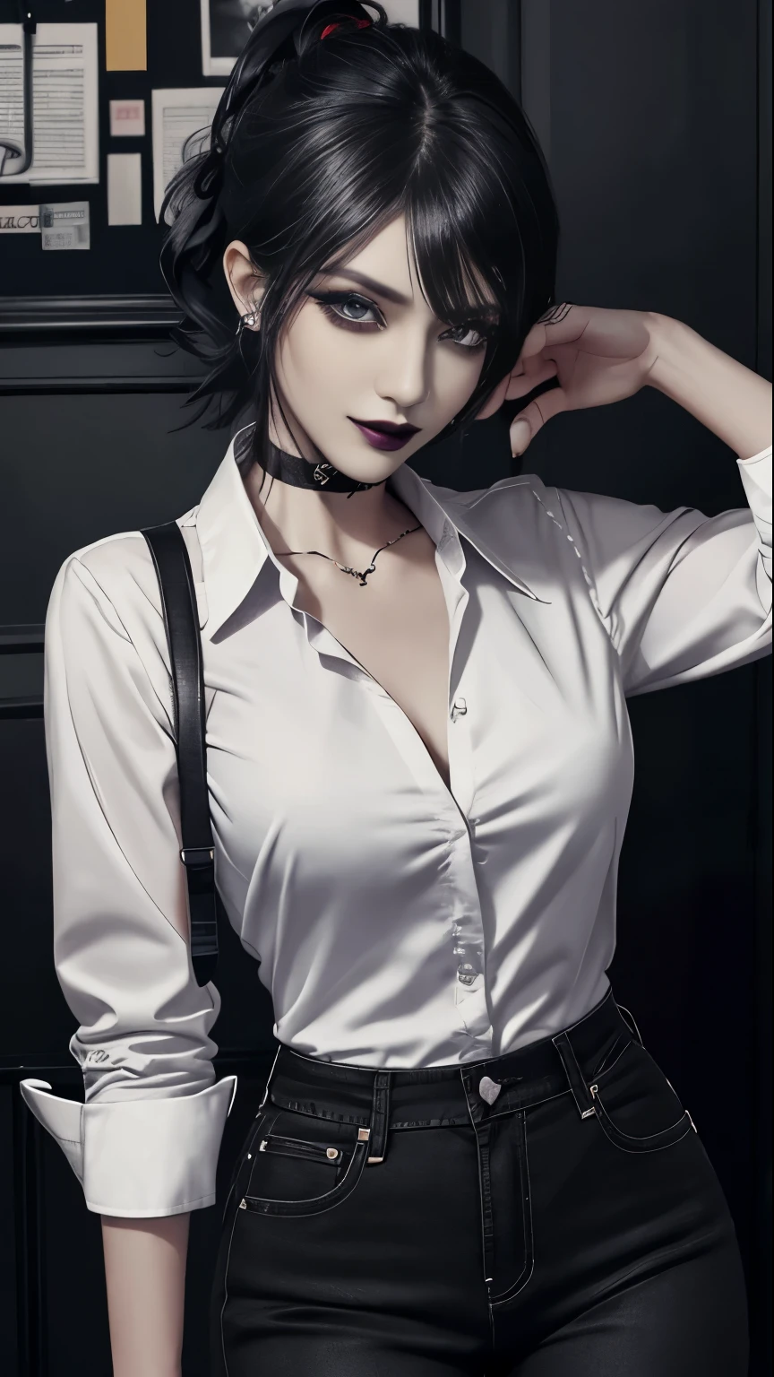 1girl, woman, emo_hairstyle, black lipstick, smug, grin, choker, cuffs, eyeliner, eye shadow, mascara, smoky eyes, realistic lighting, business shirt, jean pants, flat chest, satanic tattoo, office lady.