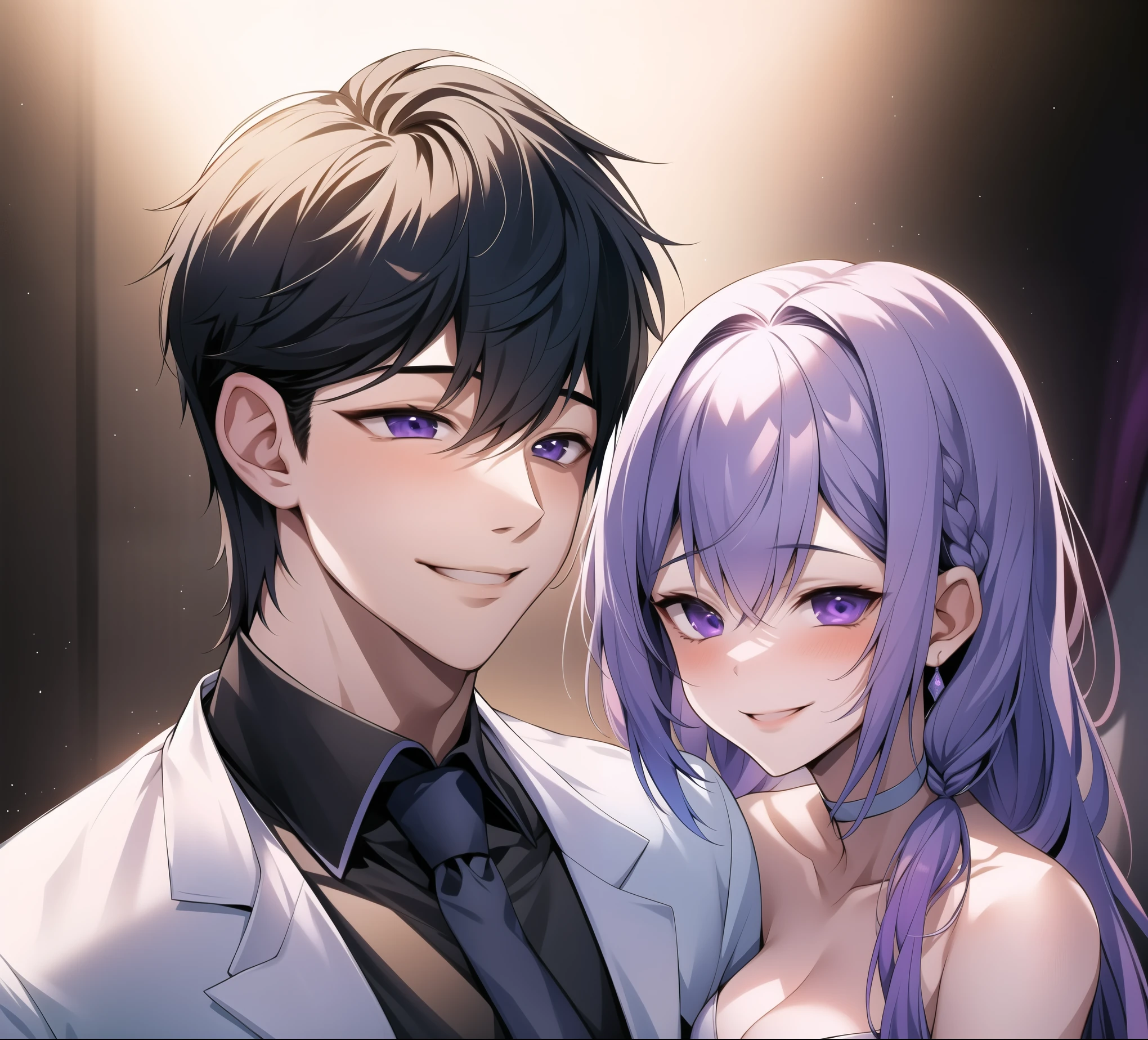 1 boy,Girl with purple and white gradient double braids,romantic couple,Smiling Face,as thick as thieves,Background blur,high quality,Artistic sense,cinematic atmosphere,Luxury lighting