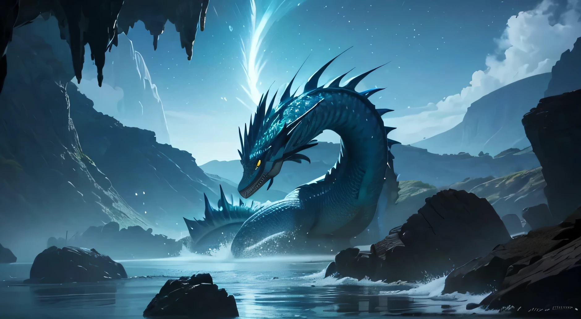 1. Scene Setting: Close-up, camera follows closely behind the massive body of the sea dragon, gliding from its head to its tail.
2. Camera Movement: Circling shots to capture the gleam of scales on the sea dragon and the huge water flow generated by its swishing tail.
3. Details: The sea dragon is agile and powerful, with shimmering scales, and the surrounding seawater forms a spectacular vortex as it swims.
4. Motion Effects: The sea dragon accelerates its swimming speed, and the camera follows its rhythm, showcasing the perfect combination of its strength and beauty.