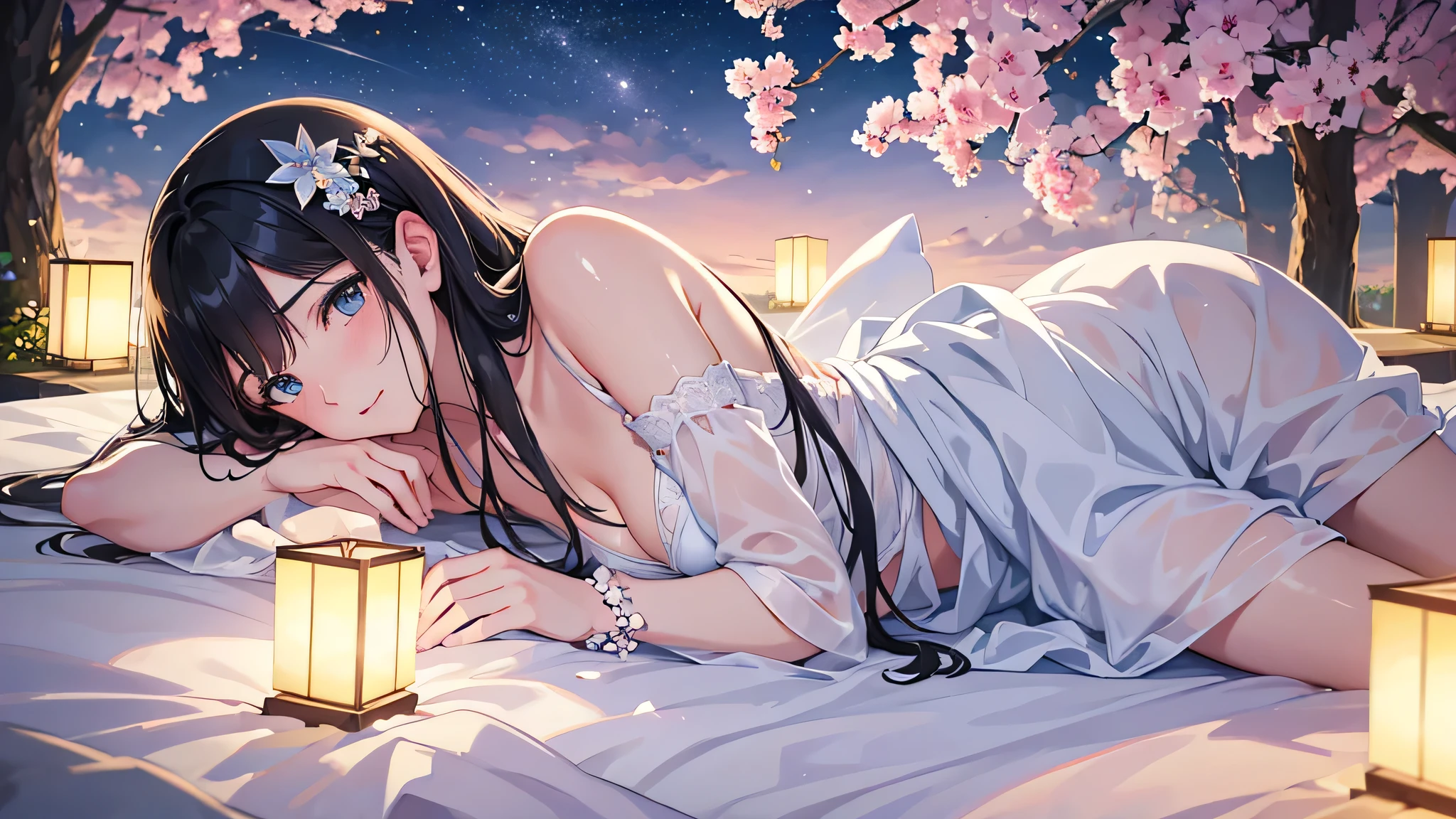 (best quality,4k,8k,highres,masterpiece:1.2),ultra-detailed,(realistic,photorealistic,photo-realistic:1.37),anime,beautiful,shy,naughty,cute,black hair,girl,night,moonlight,sparkling stars,peaceful garden,soft sakura petals,whimsical clouds,ethereal atmosphere,gentle breeze,glowing lanterns,tranquil surroundings,mysterious shadows,soft pastel colors,captivating eyes,delicate facial features,flowing silky hair,mischievous smile,twinkling eyes,dainty hands,fairy-like presence,innocent charm,sweet expression,dreamy aura,romantic ambiance,surreal settings,subtle moonlight illuminating the scene,luminous glow from the lanterns,subtle yet vibrant colors,pensive mood,captivating beauty,capturing the essence of anime style,bringing the shy and naughty nature of the character to life,alluring charm,endless wonder,completely immersed in the dreamy world.