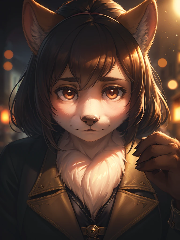 (Extreme Perspective:0.75) , Depth and foreground , rule of thirds , old Cine Lenses , Bokeh , realistic hairy fur , round face , round eyes , Swollen cheeks , hair ties , 1900s Foggy London city , Sherlock Holmes style movie , Detective woman , (emerge from the shadows:1.2) , look at away , peeping